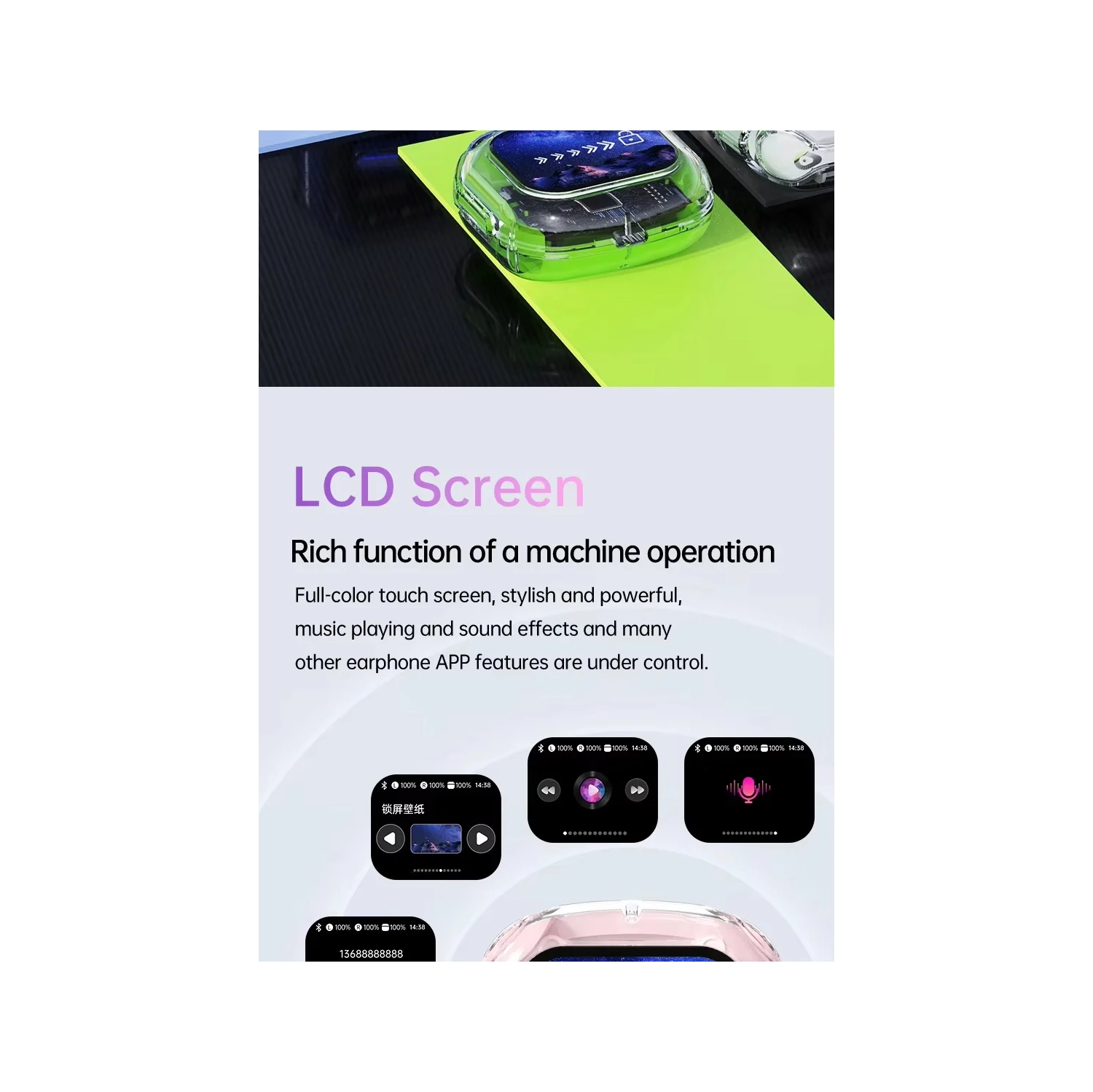 Écouteurs Bluetooth, longue autonomie, écran tactile couleur, écouteurs bouton sport à suppression du bruit, écouteurs intelligents TWS - Bleu