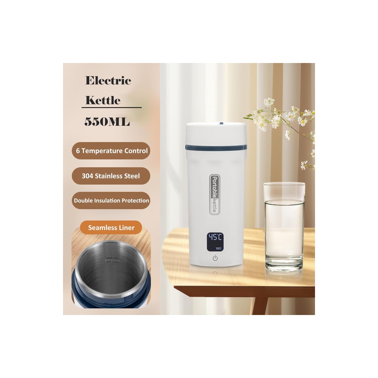 Tasse électrique portative Thermos pour voyages d'affaires et d'extérieur - Chaudière en acier inoxydable 304 avec 550&nbsp;ml d'ébullition antisèche