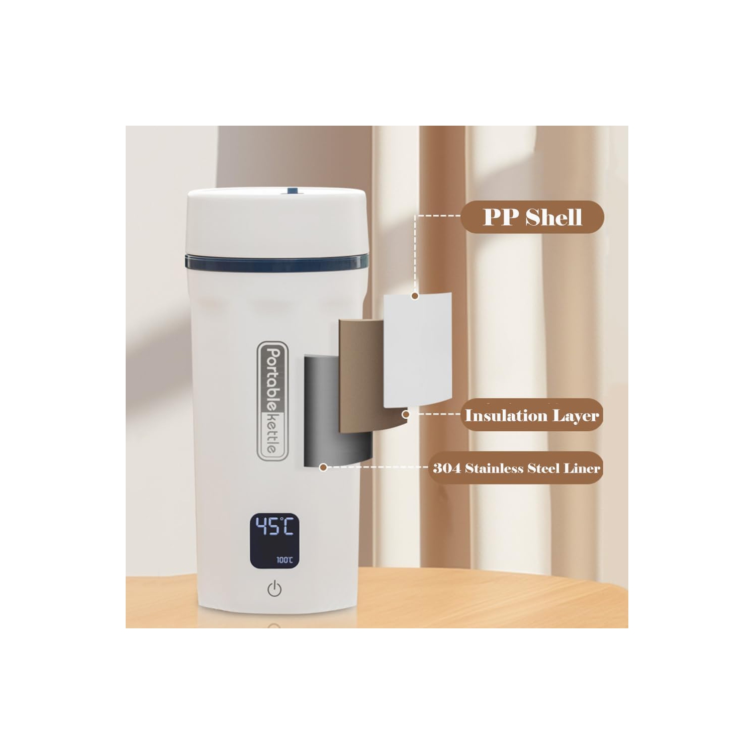 Tasse électrique portative Thermos pour voyages d'affaires et d'extérieur - Chaudière en acier inoxydable 304 avec 550&nbsp;ml d'ébullition antisèche