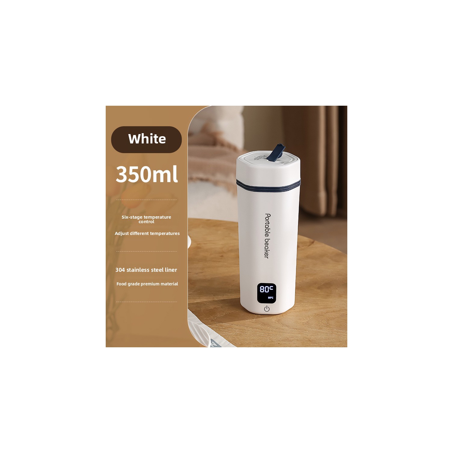 Portable Electric Water Bottle, Digital Portable Travel Water Bottle, Fast Heating Water Bottle - White - Intelligent Six-Level Temperature Control -