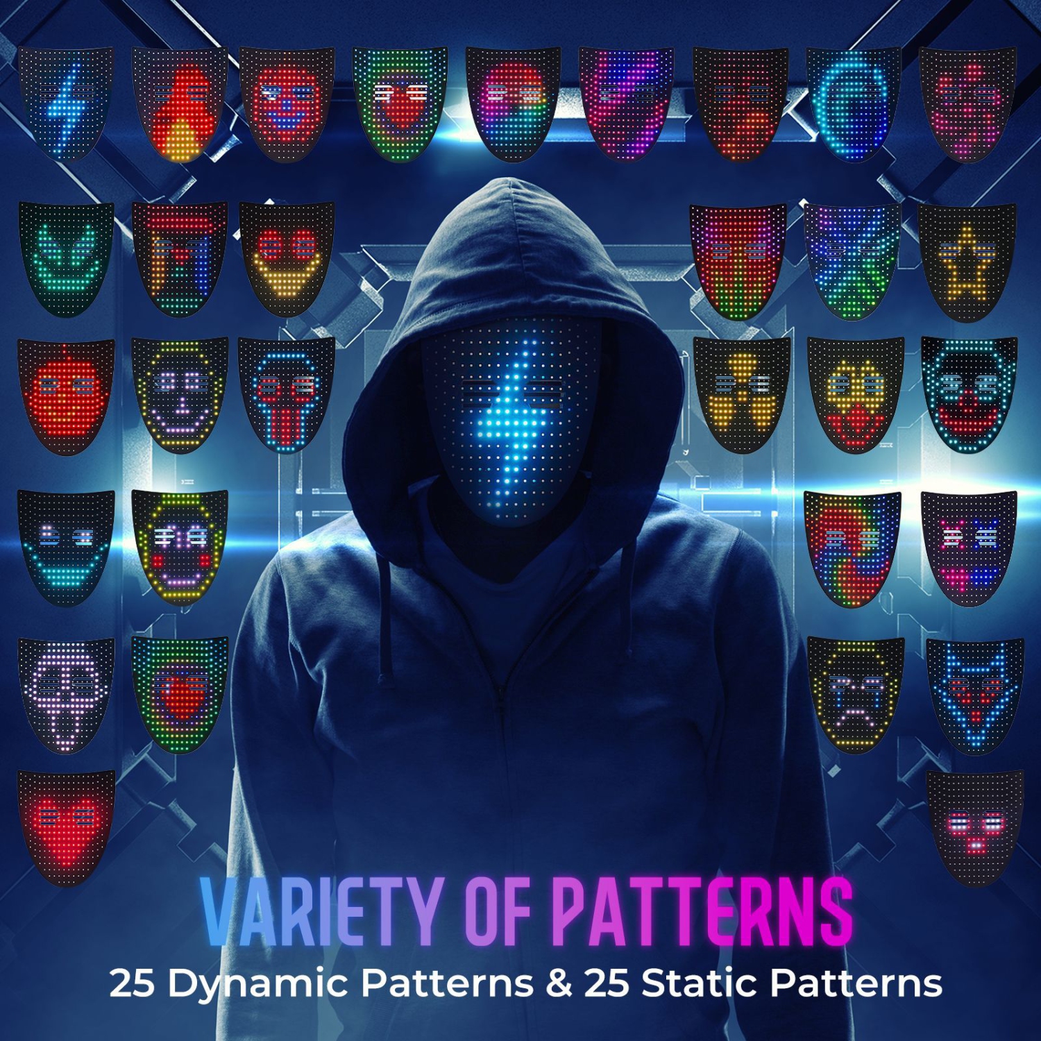 LED light-up mask with gesture sensing, cool face-changing mask, perfect gift props for Halloween, Christmas, birthdays, role-playing parties