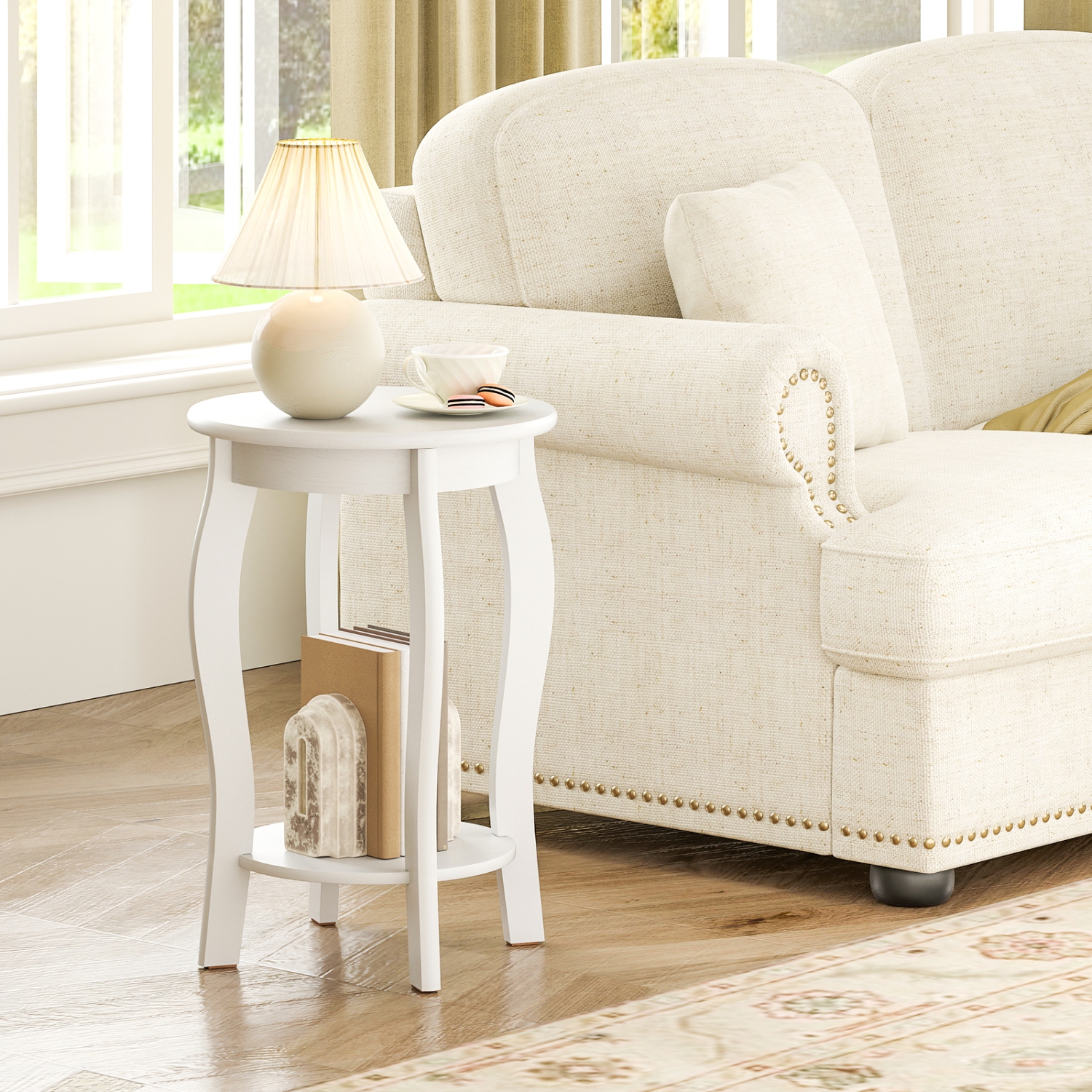 Gymax 2-Tier Round End Table Narrow Sofa Side Nightstand w/ Storage Shelf & Wood Legs