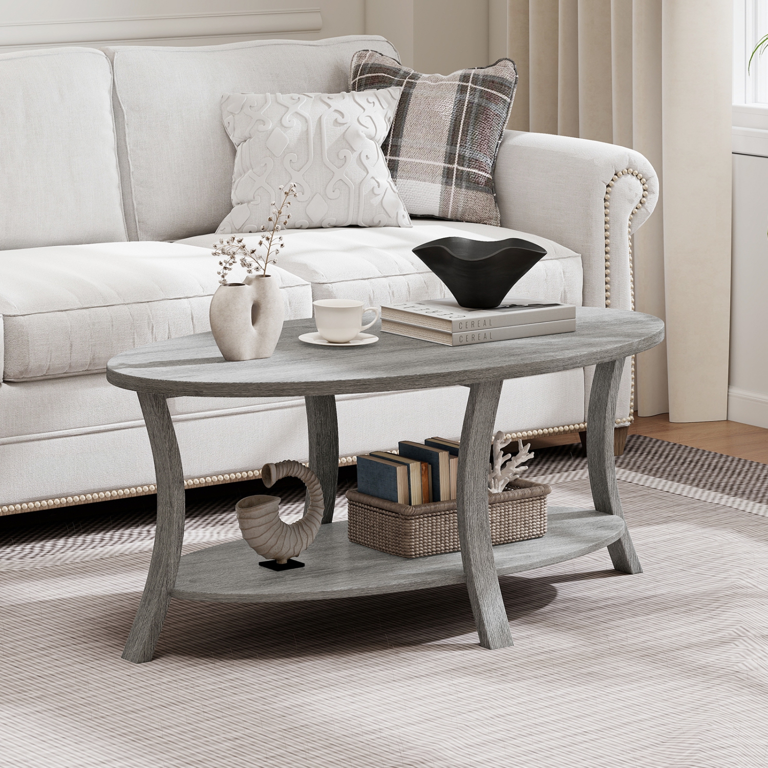 Gymax 2-Tier Oval Coffee Table w/ Storage Shelf Rubber Wood Accent Tea Table