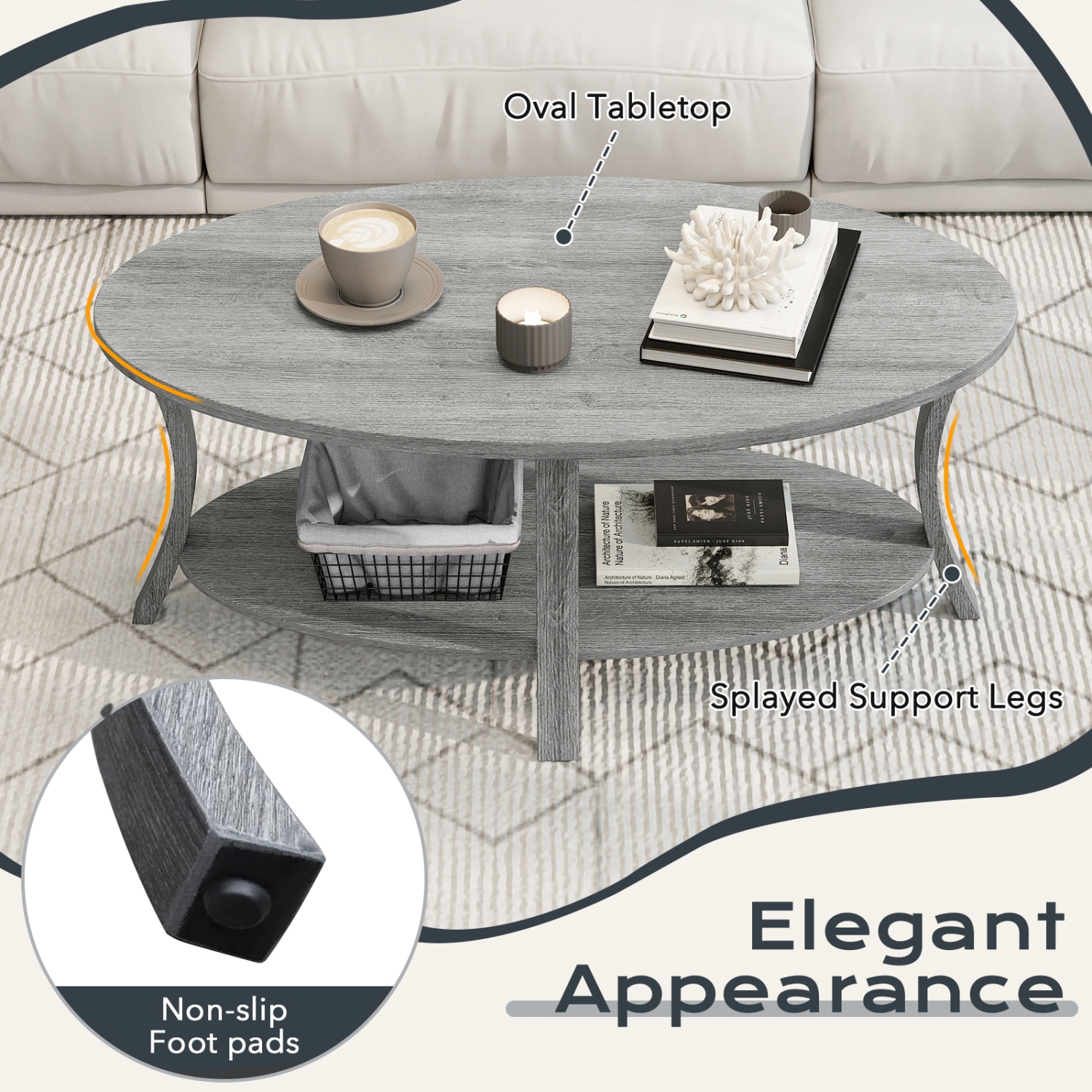 Gymax 2-Tier Oval Coffee Table w/ Storage Shelf Rubber Wood Accent Tea Table