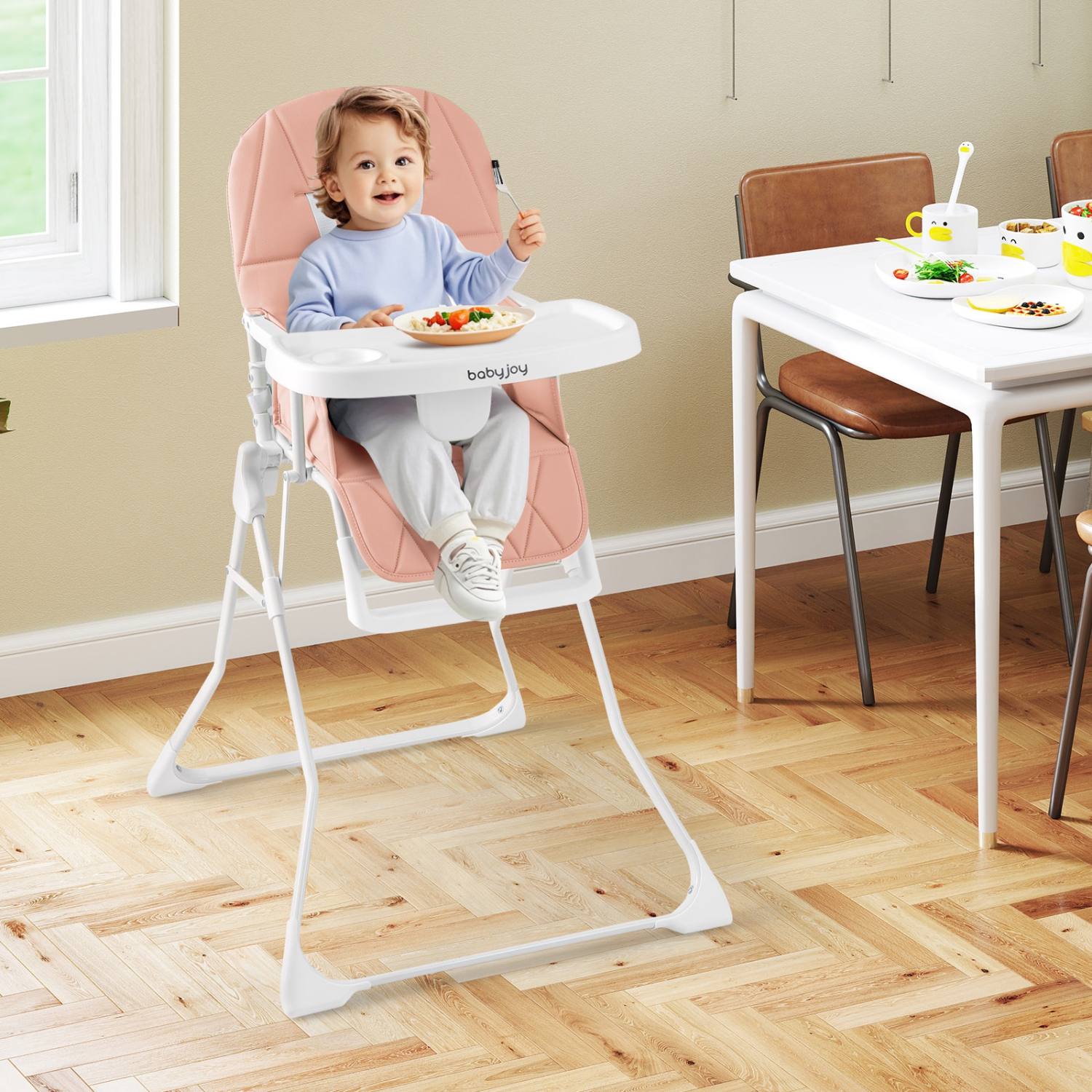 Gymax Foldable High Chair Easy Clean Compact Highchair w/ Removable Adjustable Tray