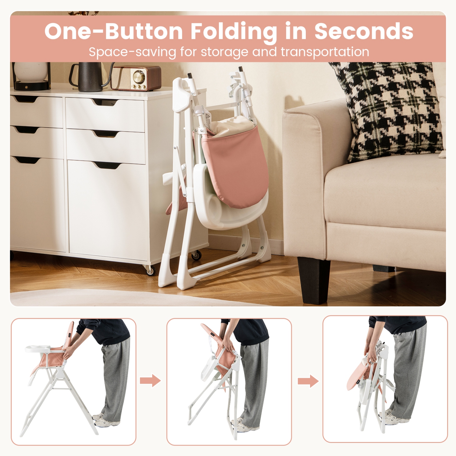 Gymax Foldable High Chair Easy Clean Compact Highchair w/ Removable Adjustable Tray