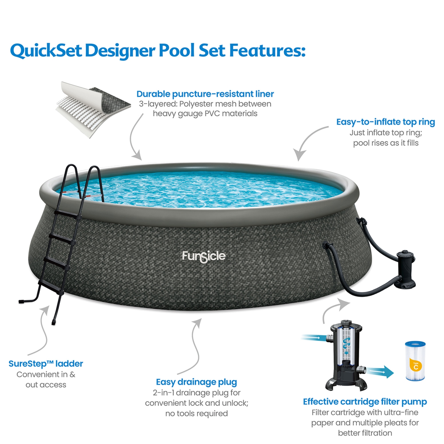 Funsicle – Piscine hors terre à anneaux QuickSet, 18 pi x 48&nbsp;po, chevrons