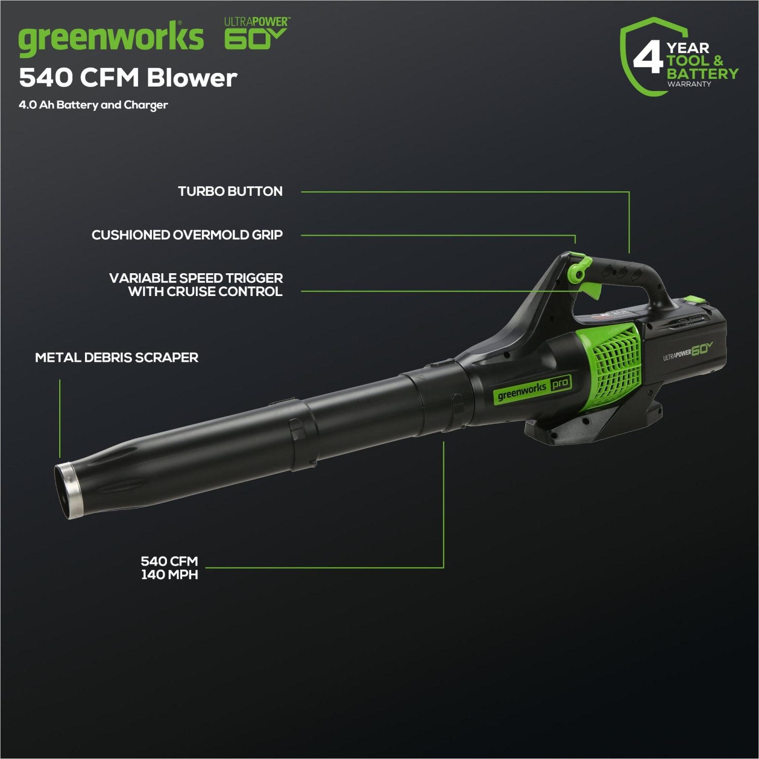 Greenworks 60V 13" Cordless String Trimmer & 540 CFM- 140 MPH Leaf Blower Combo Kit, 4.0 Ah Battery and Charger Included
