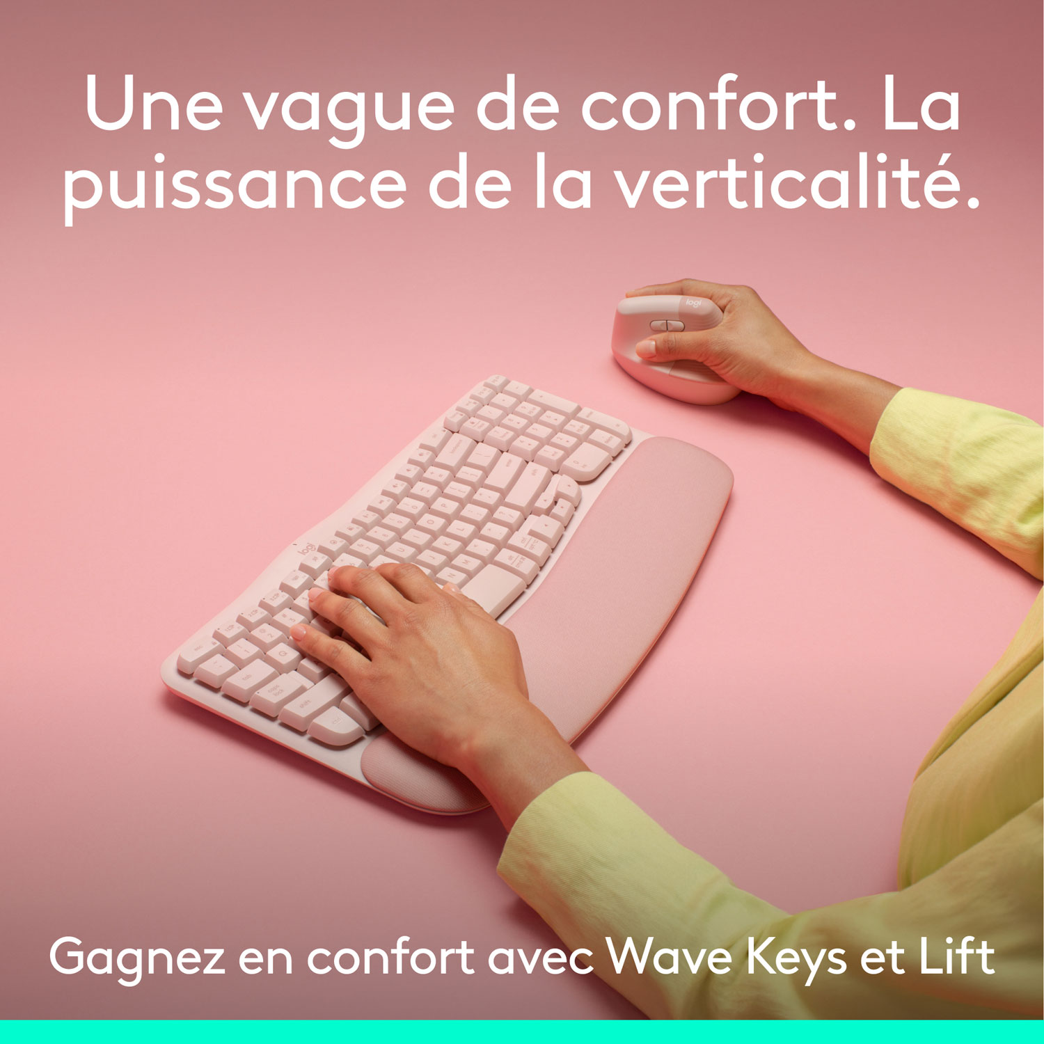 Ensemble souris verticale Lift et clavier ergonomique pleine grandeur Wave Keys de Logitech - Rose - Anglais - Exclusivité Best Buy