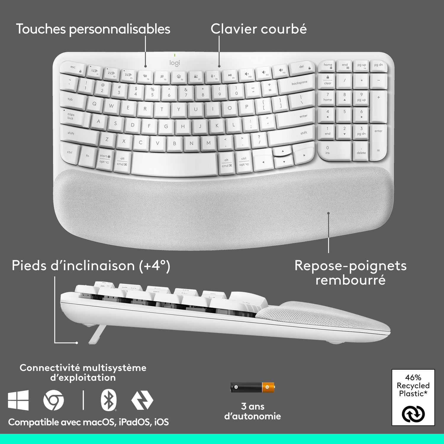 Logitech Wave Keys Bluetooth Membrane Full-Size Ergonomic Keyboard & Mouse Combo -White - EN -Only at Best Buy