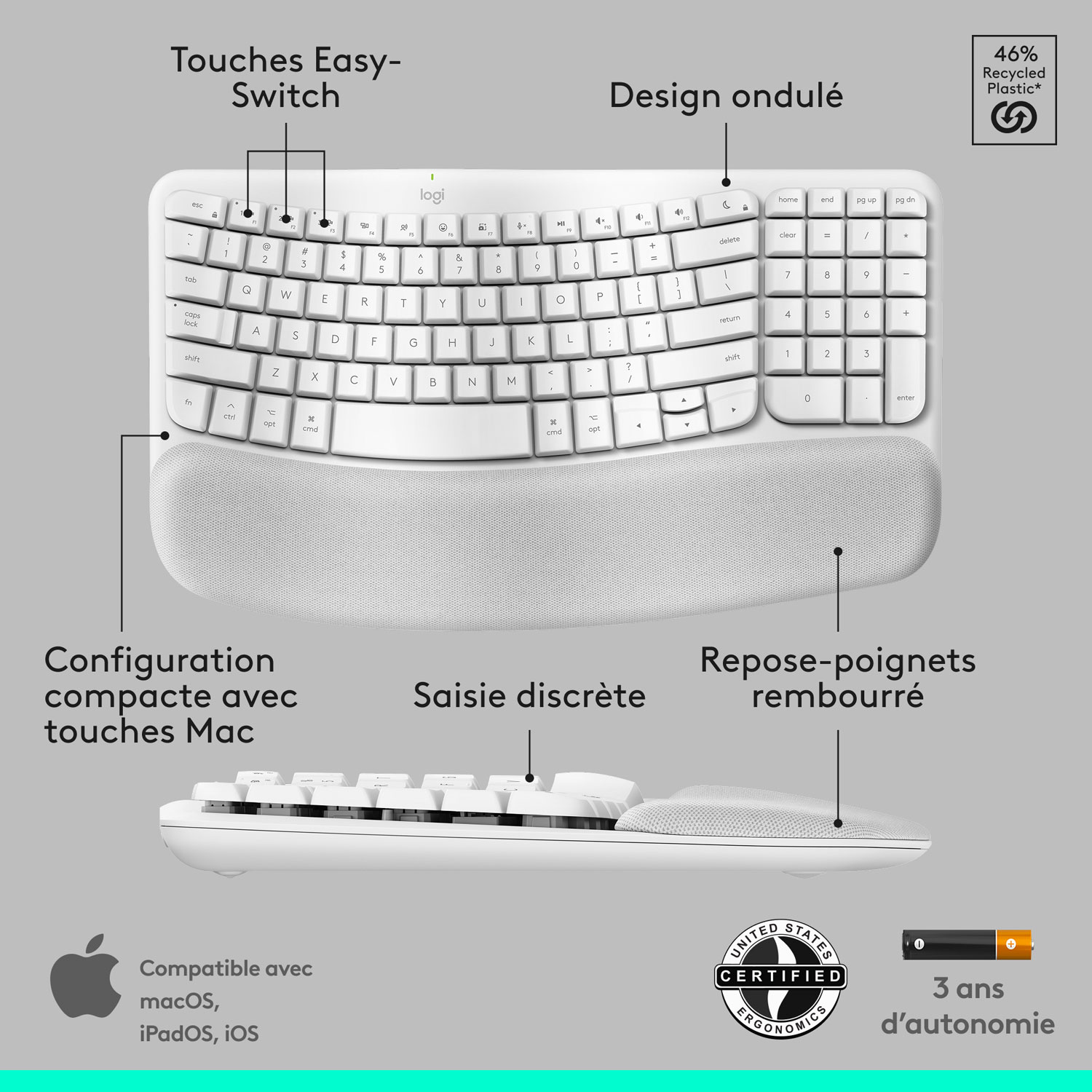 Ensemble souris et clavier ergonomique pleine grandeur à membrane Bluetooth Wave Keys de Logitech pour Mac - Blanc - Anglais - Exclusivité Best Buy