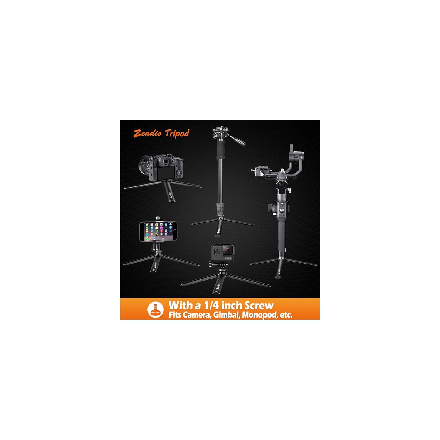 Zeadio Metal Mini Tripod, Desktop Tabletop Stand Tripod with 1/4 Inch Screw for Smooth 4, Crane Plus, Crane 2, Osmo Mobile, Ronin-S, Vimble 2, Gimbal