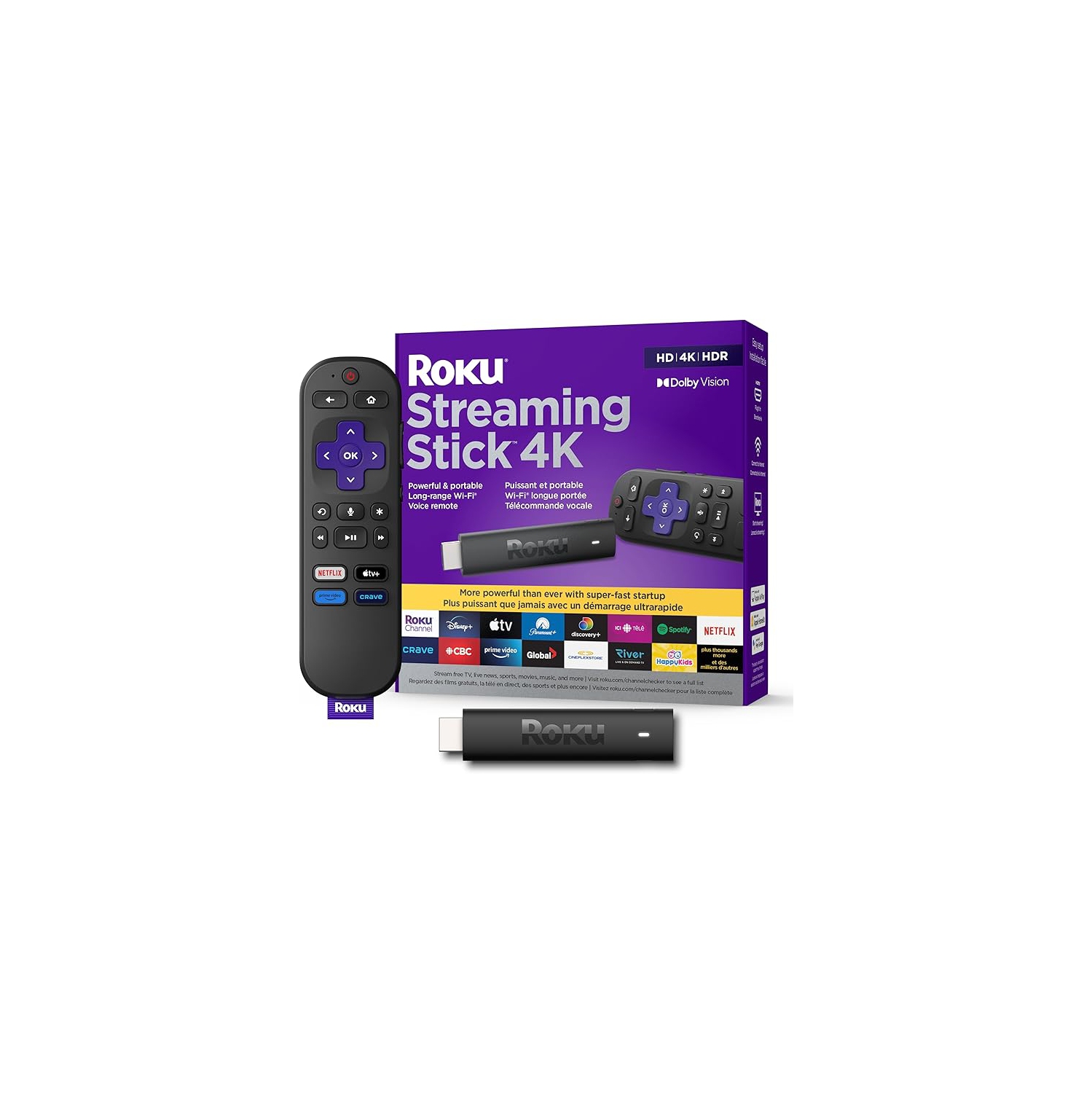 Streaming Stick 4K 2022 de Roku | Appareil de diffusion en continu 4K/HDR/Dolby Vision avec télécommande vocale et commandes de téléviseur et Wi-Fi