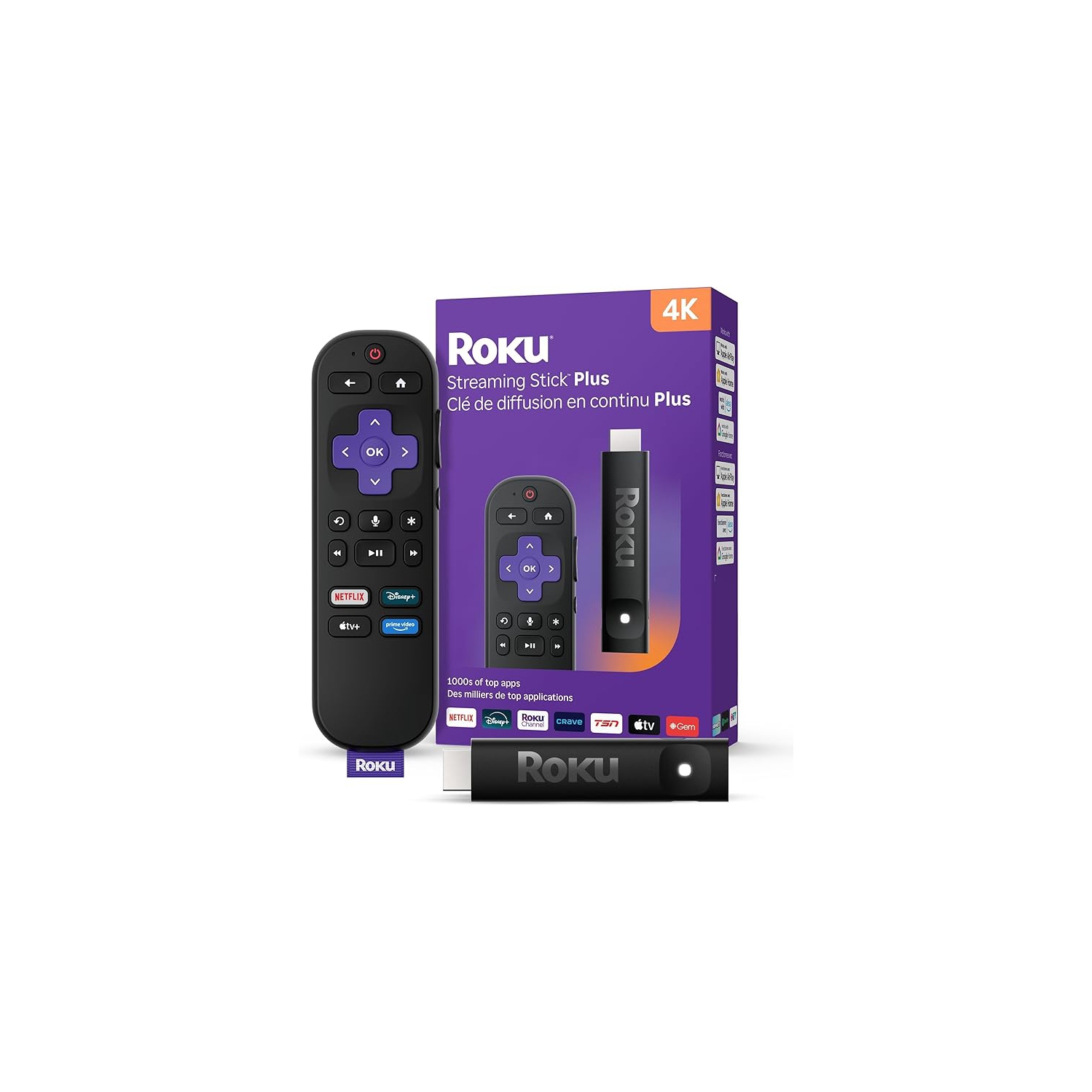 Streaming Stick™ Plus 2025 de Roku MD – Appareil de diffusion Roku 4K et HDR pour téléviseur avec télécommande vocale – Télévision gratuite et en