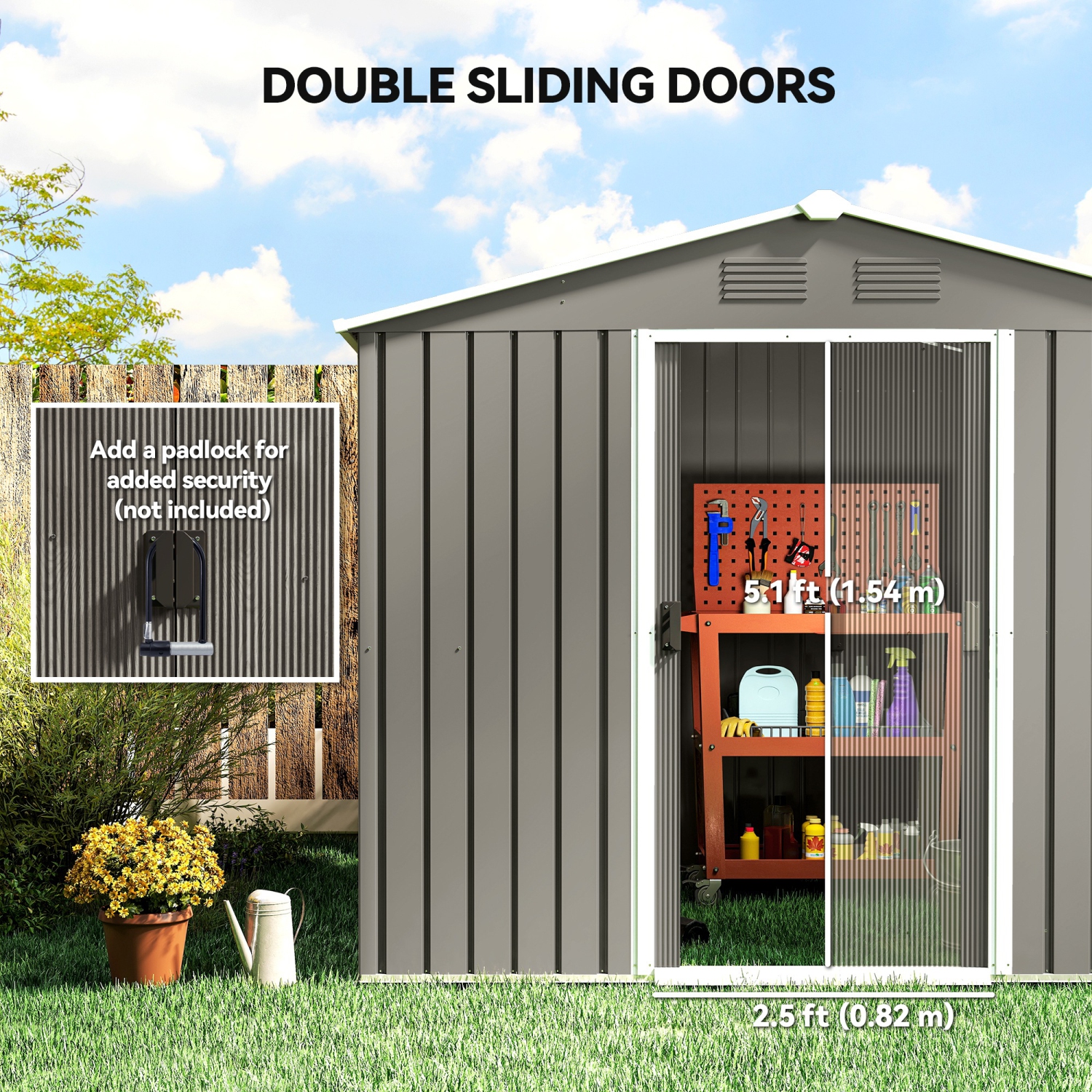 Outsunny 8' x 6' Outdoor Storage Shed, Metal Garden Tool Storage House with Lockable Sliding Doors and Vents for Backyard Patio Lawn, Light Grey