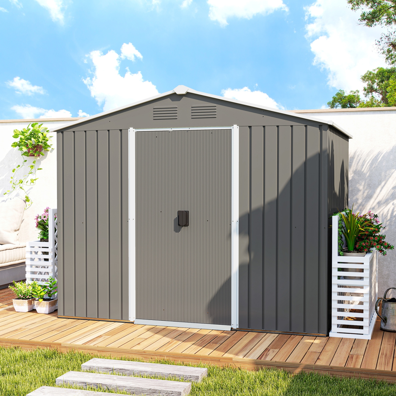 Outsunny 8' x 6' Outdoor Storage Shed, Metal Garden Tool Storage House with Lockable Sliding Doors and Vents for Backyard Patio Lawn, Light Grey