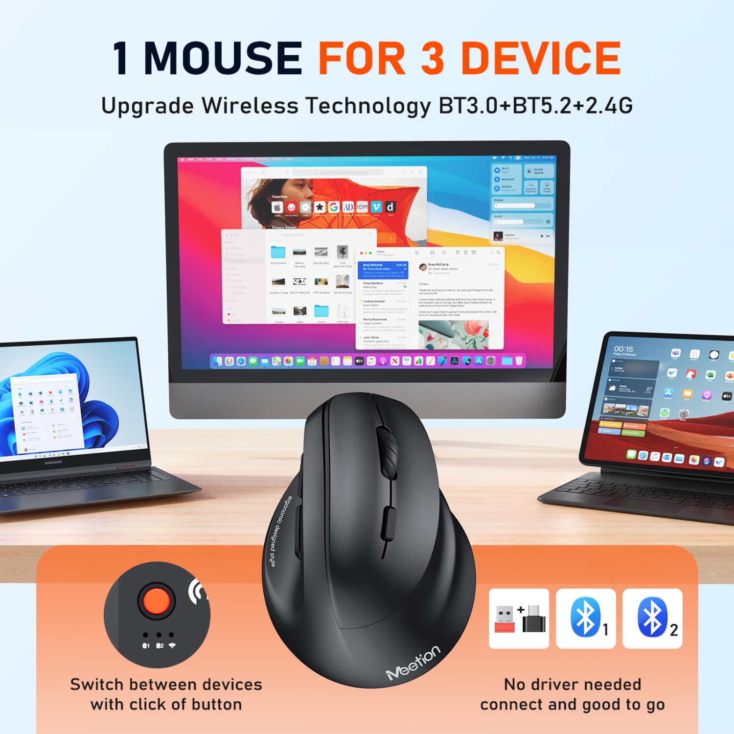 MEETION BTM010R Vertical Mouse, Ergonomic Wireless Rechargeable - Natural Grip Reduces Wrist Strain, Bluetooth & 2.4G with USB-C Adapter for Mac/PC,