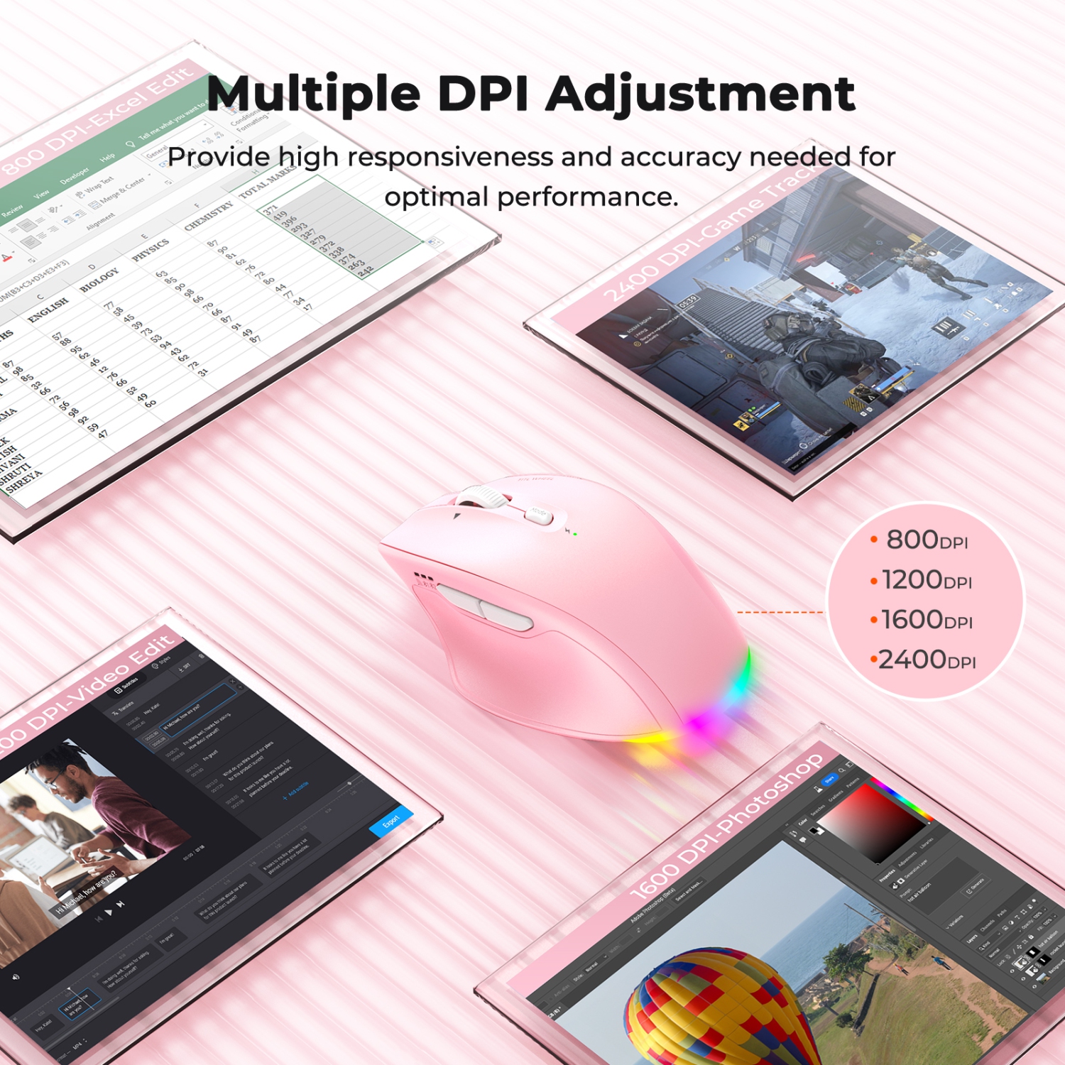 MEETION – Souris ergonomique sans fil multimode BTM007 - Molette de défilement inclinable à 4 directions, clics silencieux, RVB, BT/2,4 GHz pour 3