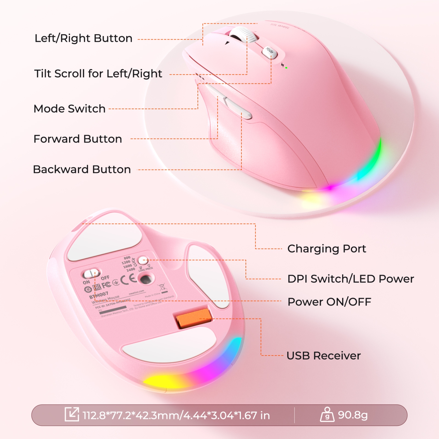 MEETION – Souris ergonomique sans fil multimode BTM007 - Molette de défilement inclinable à 4 directions, clics silencieux, RVB, BT/2,4 GHz pour 3