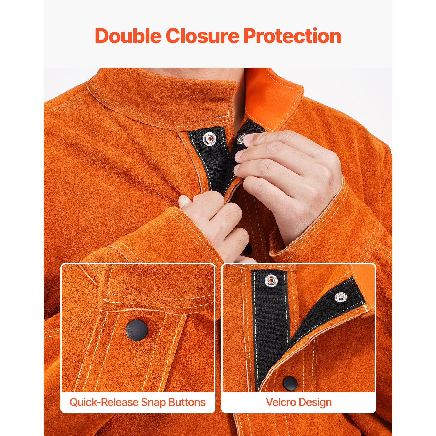 VEVOR XL Size Flame-Resistant Welding Jacket, Heavy Duty Cowhide Leather Welding Jacket, Waterproof Heat-Resistant Safety Jacket with Snap Buttons, 4