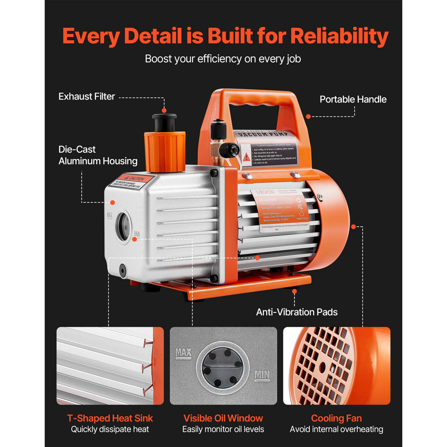 Pompe à vide VEVOR 3,5 CFM 1/4 HP, pompe à vide AC à aube rotative monophasée HVAC, pour systèmes R134a R22 R410a, avec bouteille d'huile, 1720 PRM,