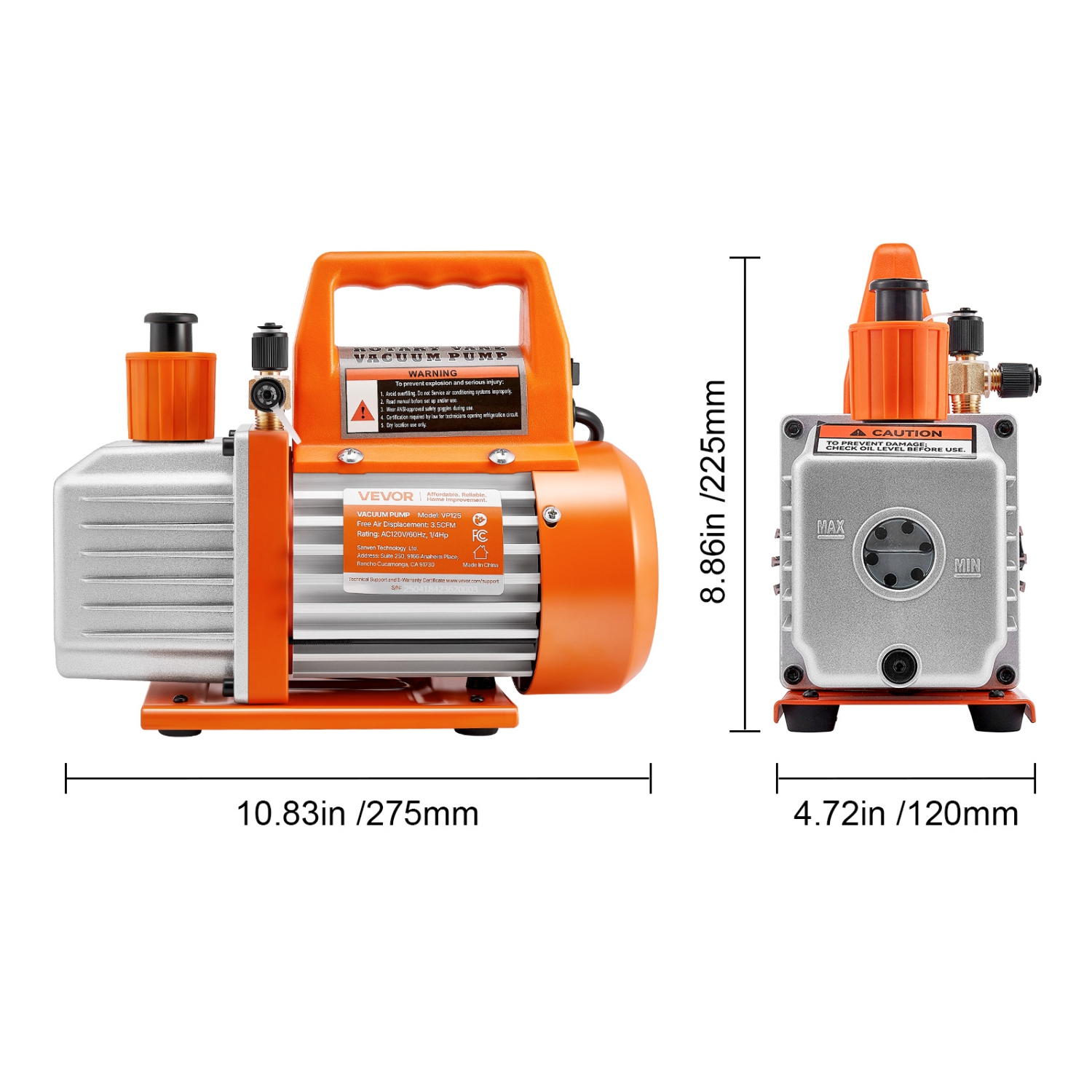 Pompe à vide VEVOR 3,5 CFM 1/4 HP, pompe à vide AC à aube rotative monophasée HVAC, pour systèmes R134a R22 R410a, avec bouteille d'huile, 1720 PRM,