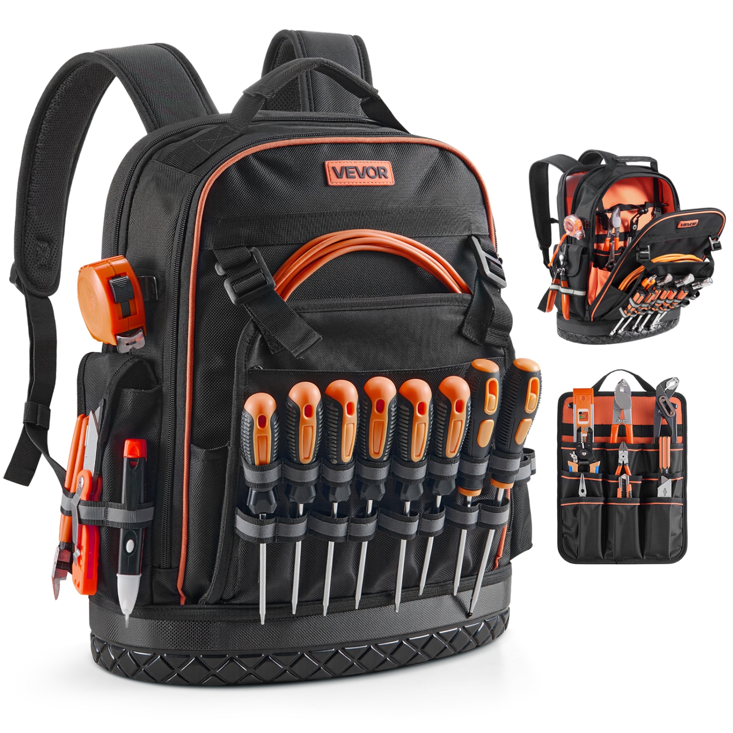 VEVOR 64 Pockets Tool Backpack, Heavy-duty Tools Storage Organizer Work Bags with Laptop Compartment & Molded Base, Electrician Jobsite Backpack for