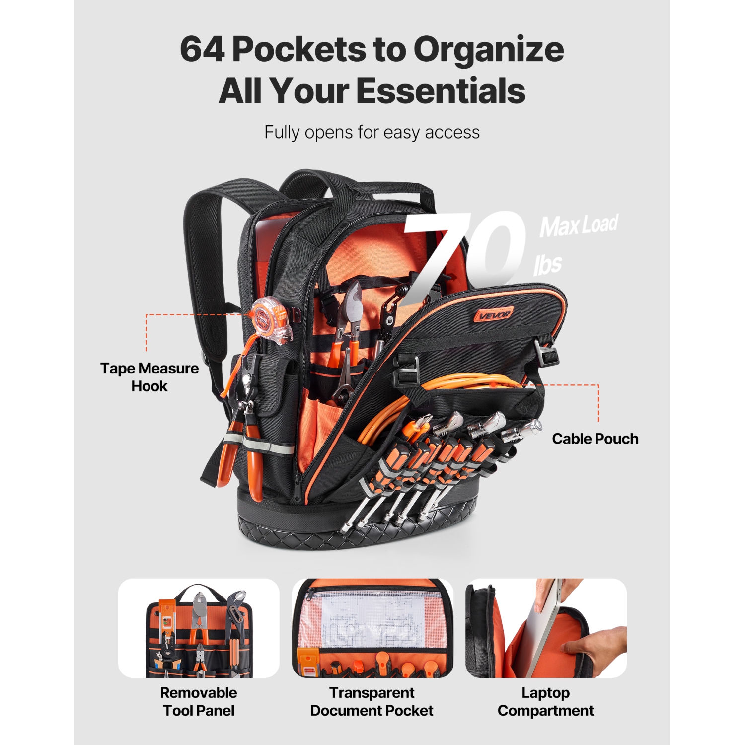 VEVOR 64 Pockets Tool Backpack, Heavy-duty Tools Storage Organizer Work Bags with Laptop Compartment & Molded Base, Electrician Jobsite Backpack for