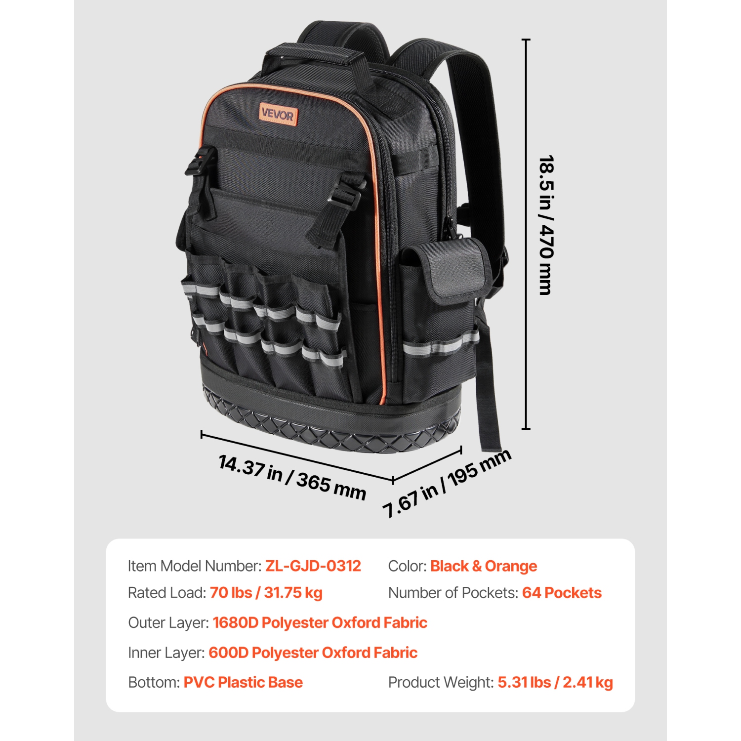 VEVOR 64 Pockets Tool Backpack, Heavy-duty Tools Storage Organizer Work Bags with Laptop Compartment & Molded Base, Electrician Jobsite Backpack for