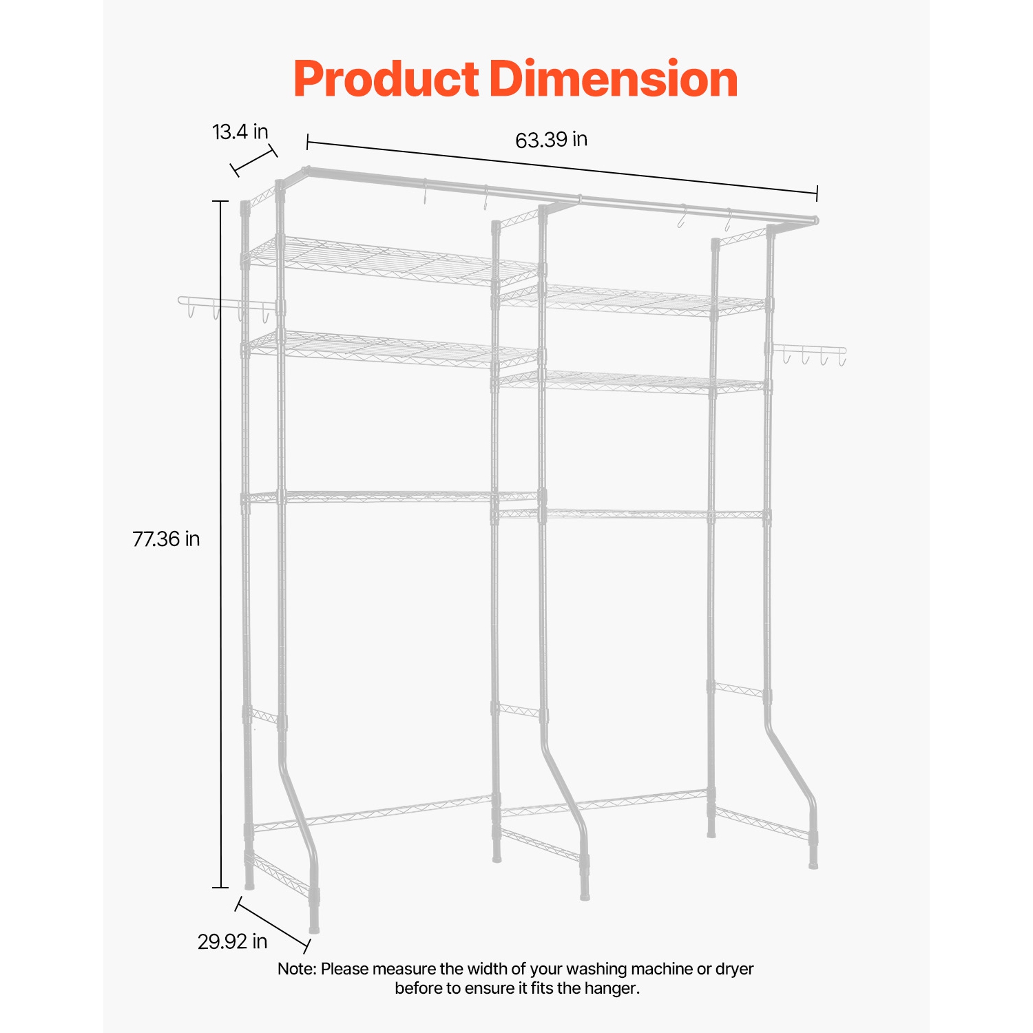 VEVOR 6 Tiers Over Washer and Dryer Storage Shelves, Laundry Room Drying Rack with Hanger Rod and Hooks, Two Rows Adjustable Washer Shelves Space