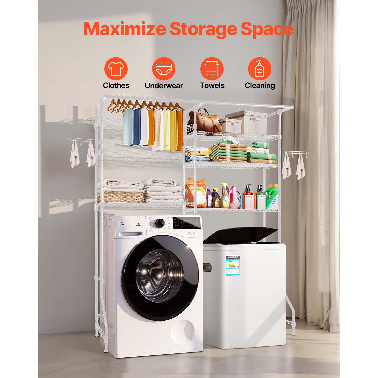 VEVOR 6 Tiers Over Washer and Dryer Storage Shelves, Laundry Room Drying Rack with Hanger Rod and Hooks, Two Rows Adjustable Washer Shelves Space