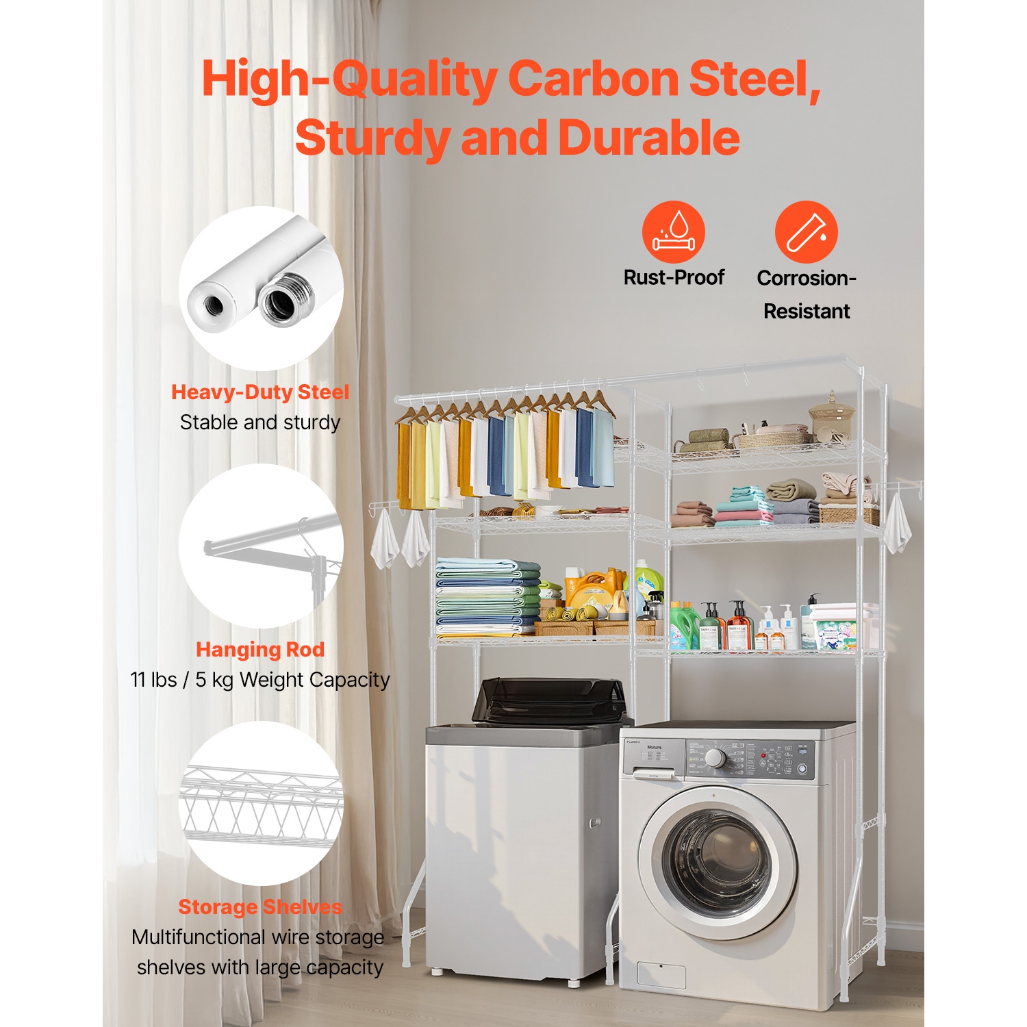 VEVOR 6 Tiers Over Washer and Dryer Storage Shelves, Laundry Room Drying Rack with Hanger Rod and Hooks, Two Rows Adjustable Washer Shelves Space