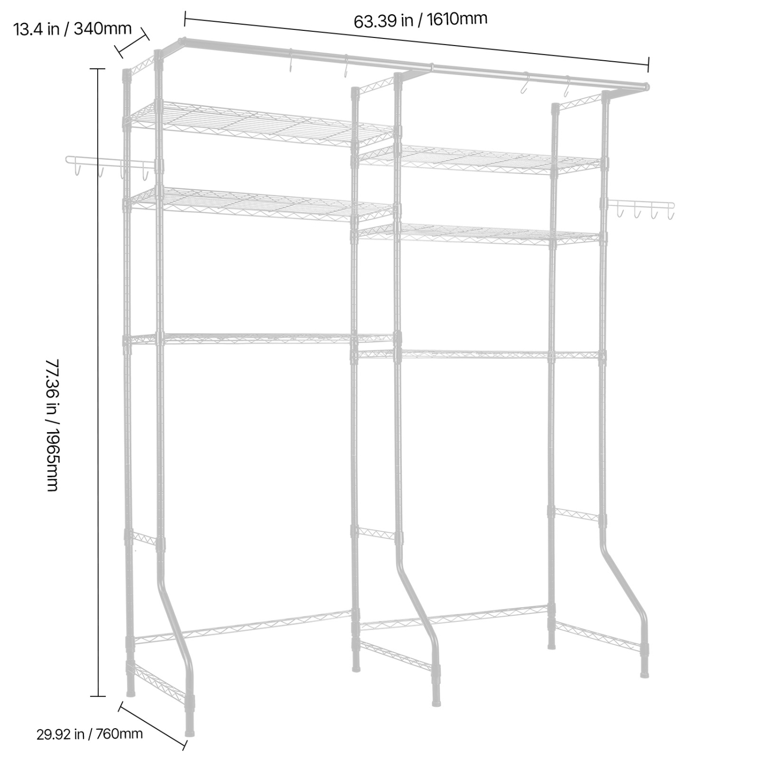 VEVOR 6 Tiers Over Washer and Dryer Storage Shelves, Laundry Room Drying Rack with Hanger Rod and Hooks, Two Rows Adjustable Washer Shelves Space