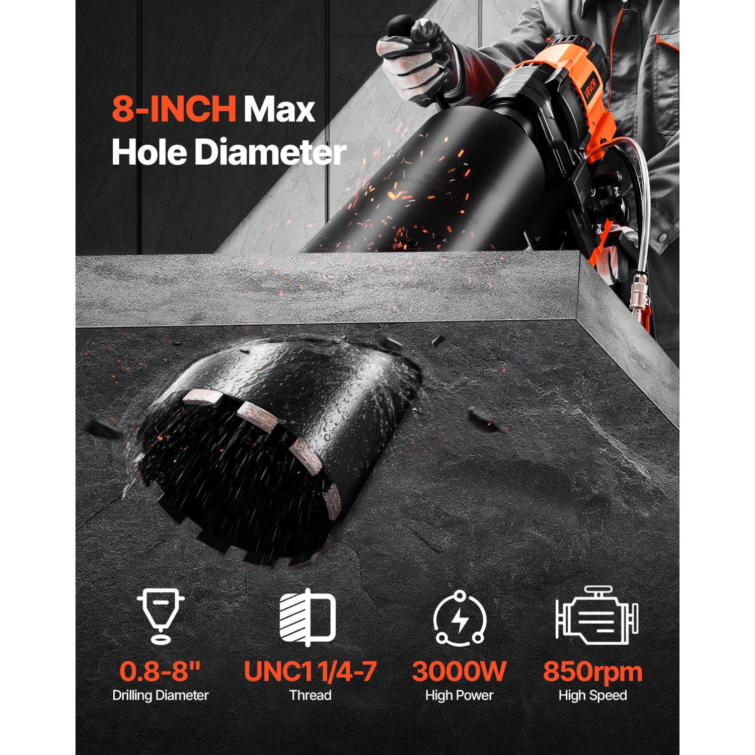 VEVOR 3000W Diamond Core Drilling Machine, 0.8-8 in Drilling Diameter, Stand-Mount Dry and Wet Concrete Core Drill Rig with 8 Drill Bits, 800 RPM