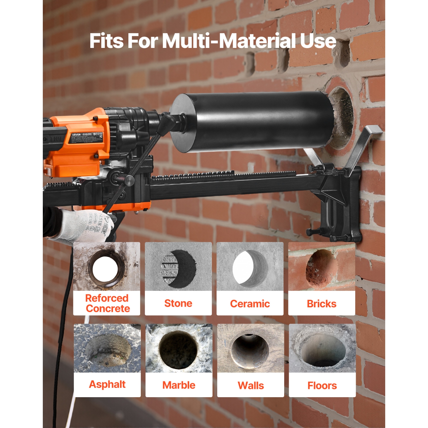 VEVOR 3000W Diamond Core Drilling Machine, 0.8-8 in Drilling Diameter, Stand-Mount Dry and Wet Concrete Core Drill Rig with 8 Drill Bits, 800 RPM