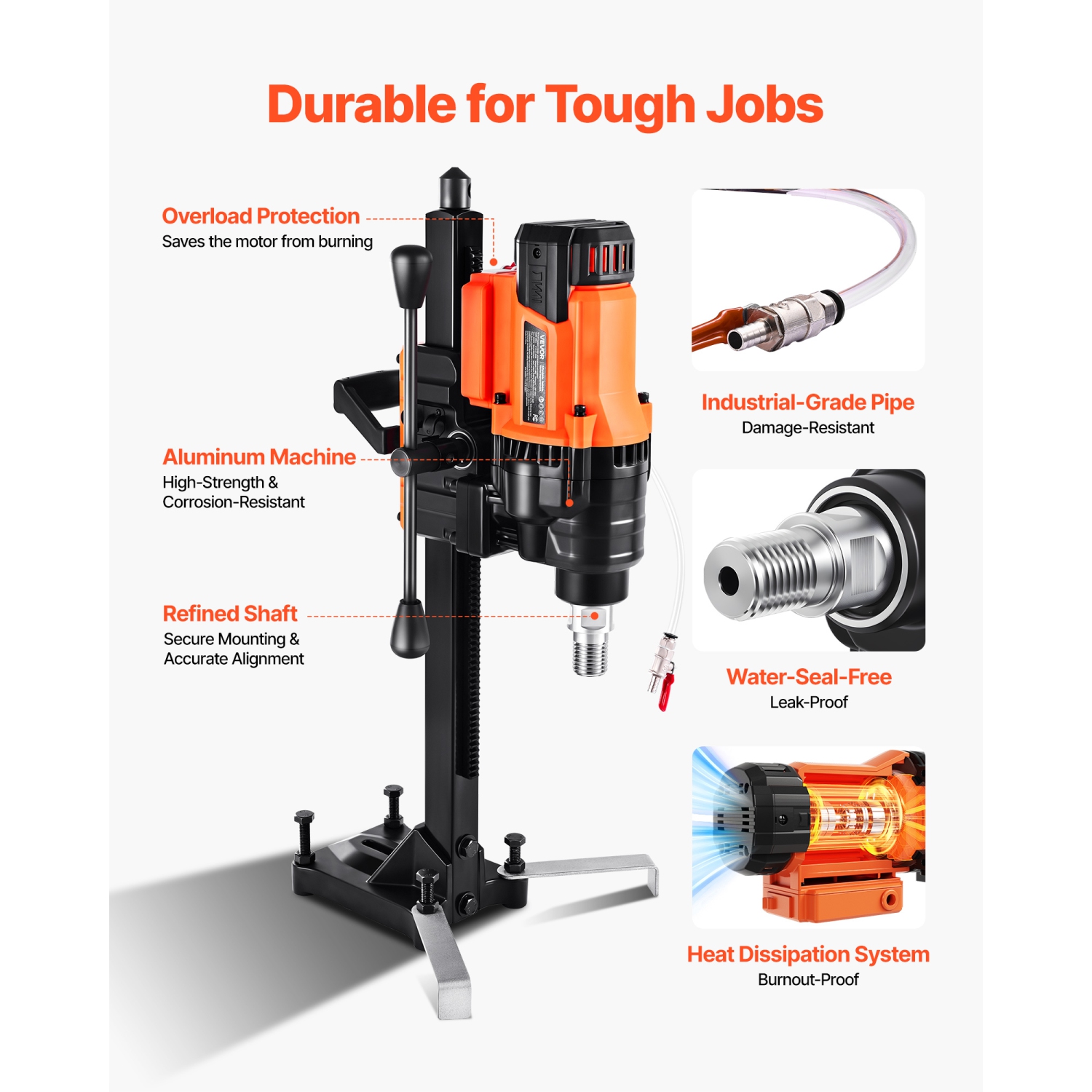 VEVOR 3000W Diamond Core Drilling Machine, 0.8-8 in Drilling Diameter, Stand-Mount Dry and Wet Concrete Core Drill Rig with 8 Drill Bits, 800 RPM
