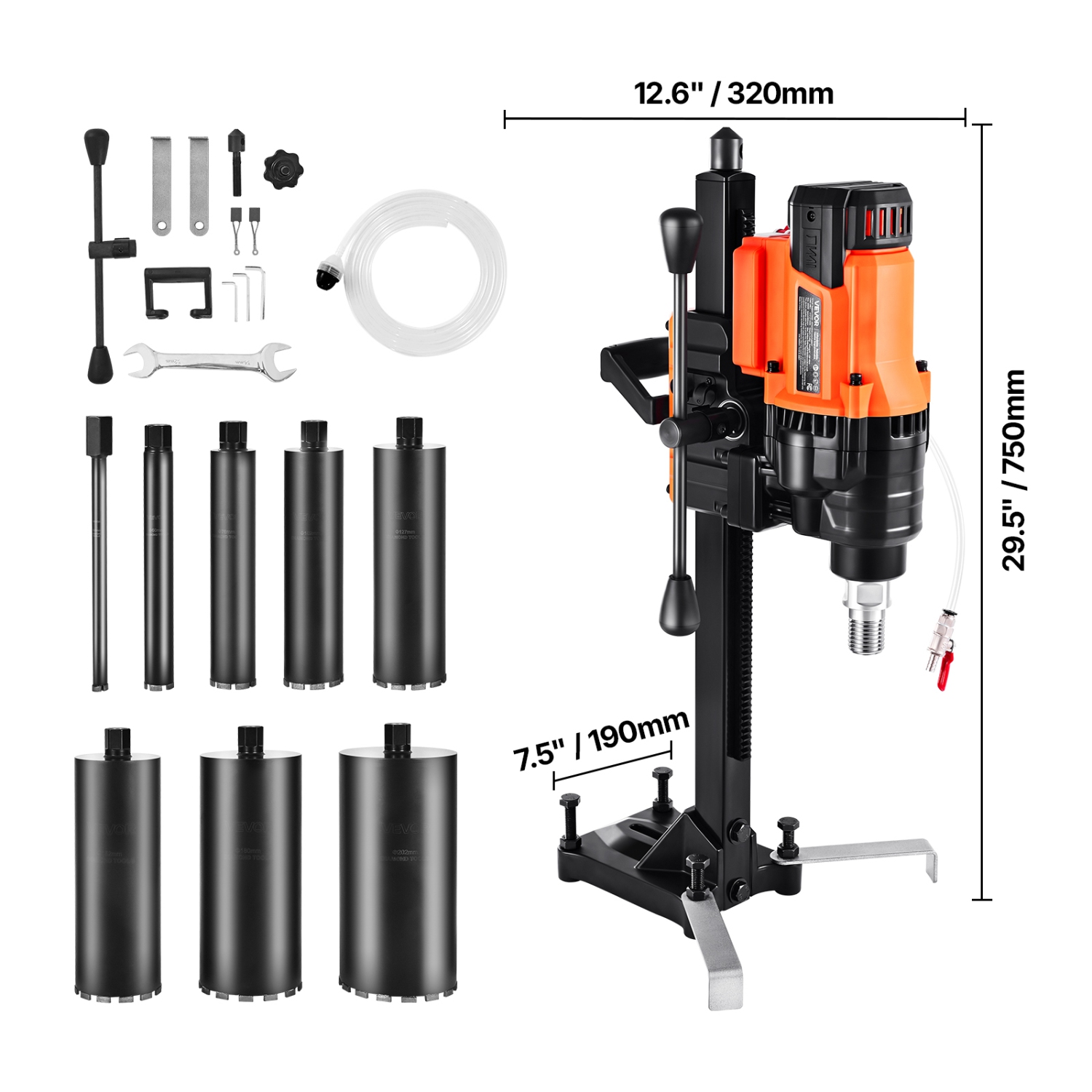 VEVOR 3000W Diamond Core Drilling Machine, 0.8-8 in Drilling Diameter, Stand-Mount Dry and Wet Concrete Core Drill Rig with 8 Drill Bits, 800 RPM