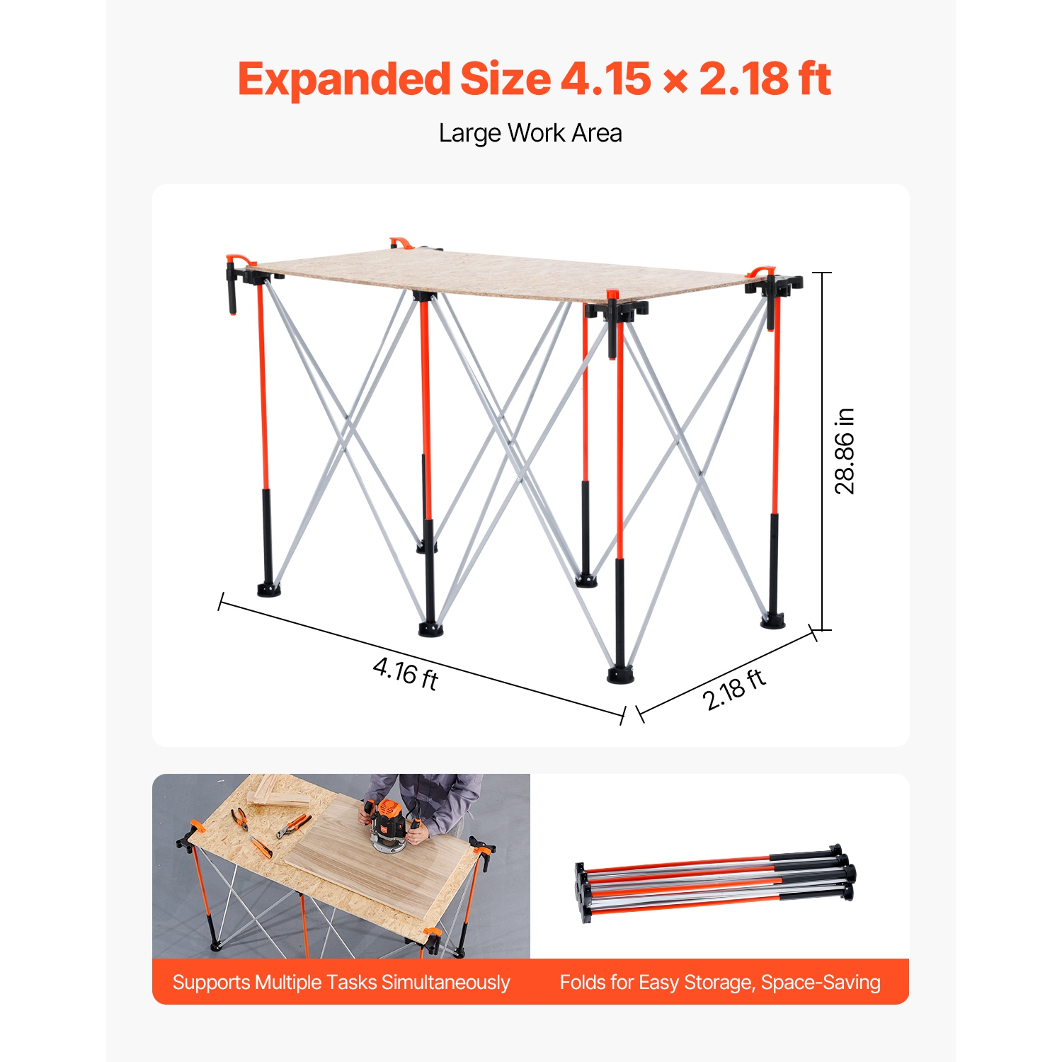 Bâton pliant portatif VEVOR 4,15 x 2.18&nbsp;pi, établi pliable, capacité 2500&nbsp;lb, support de travail pliable sans assemblage avec sac de