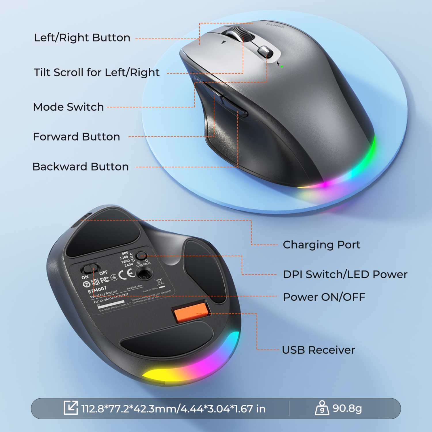 MEETION BTM007 Wireless Bluetooth Mouse, LED Rechargeable Ergonomic Mouse with Multi Mode, Portable Mouse for Mac, Laptop, PC, Computer, Tilt Wheel