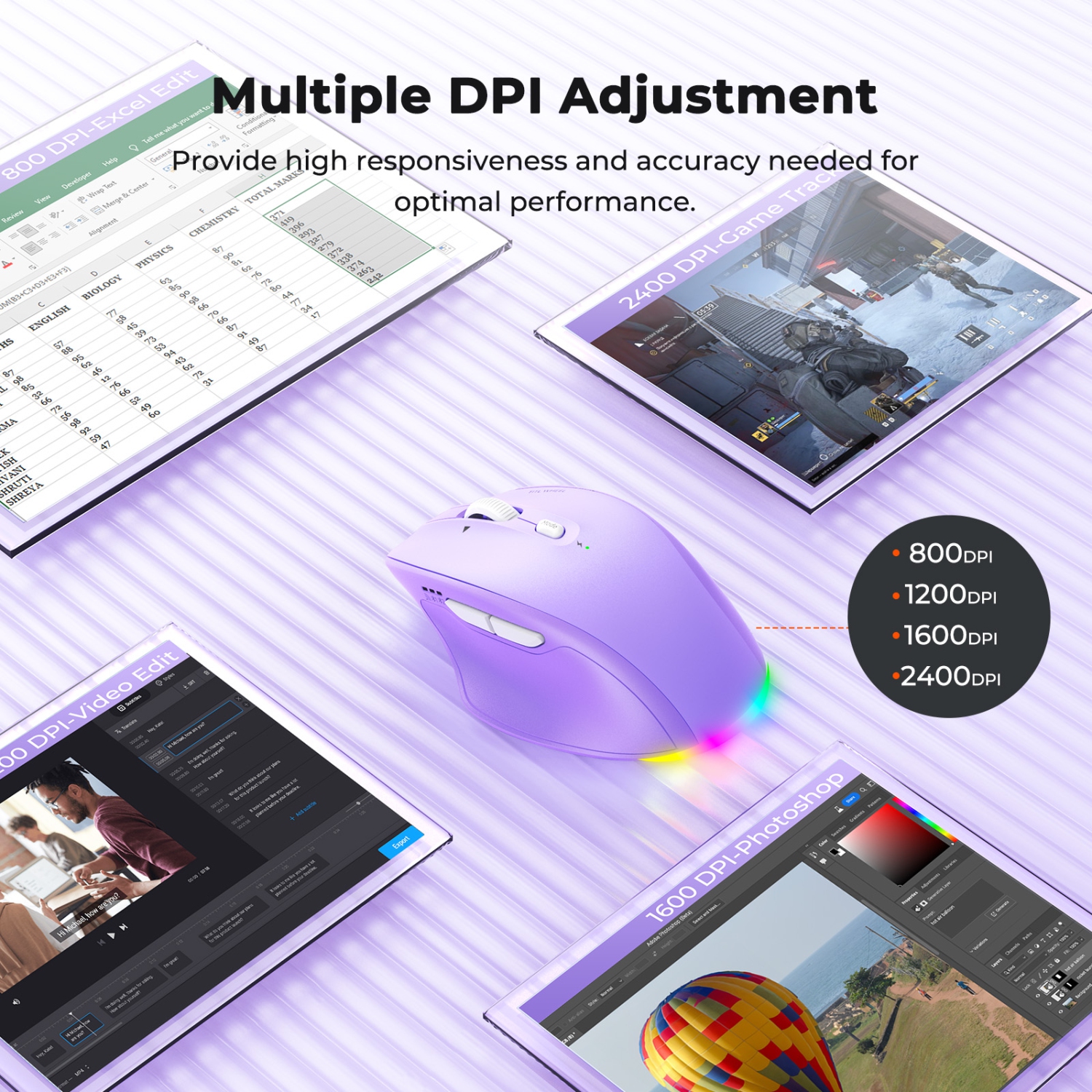 MEETION – Souris ergonomique sans fil multimode BTM007 - Molette de défilement inclinable à 4 directions, clics silencieux, RVB, BT/2,4 GHz pour 3