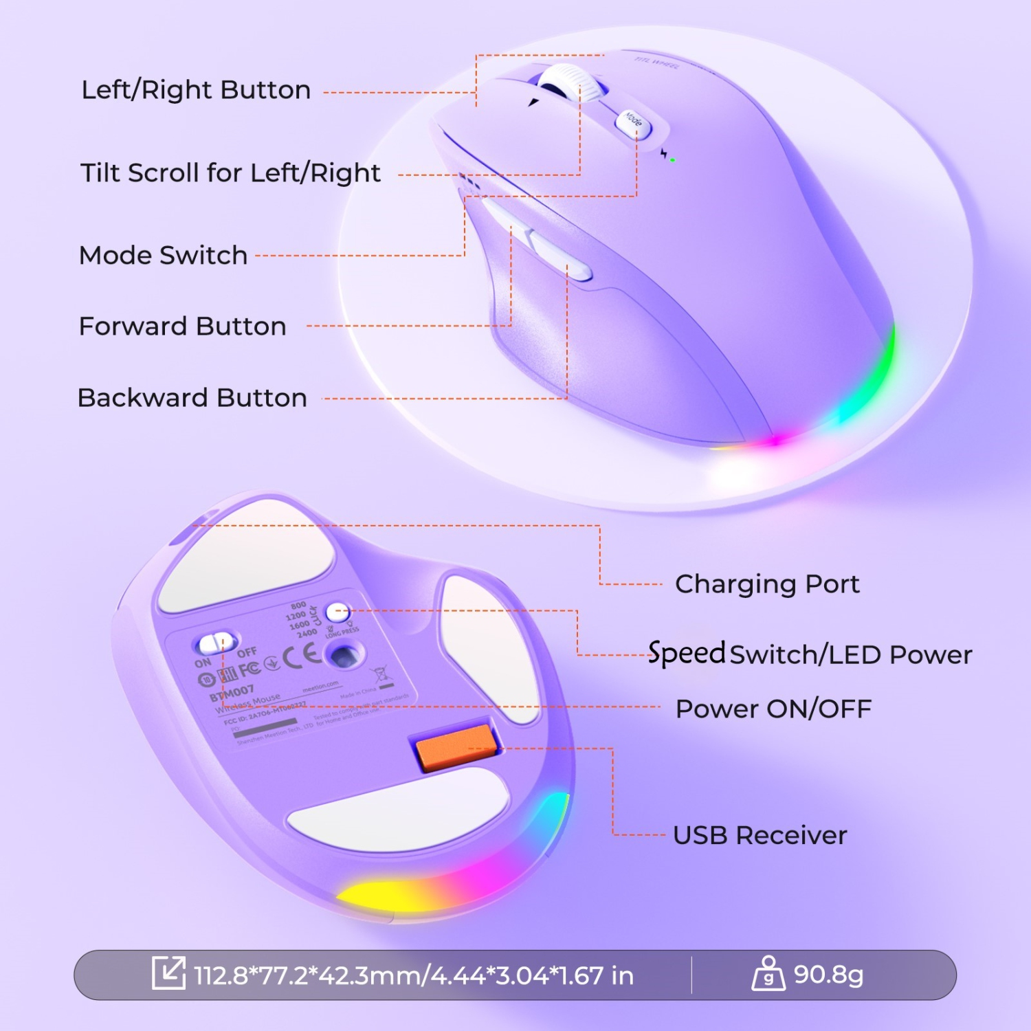MEETION – Souris ergonomique sans fil multimode BTM007 - Molette de défilement inclinable à 4 directions, clics silencieux, RVB, BT/2,4 GHz pour 3
