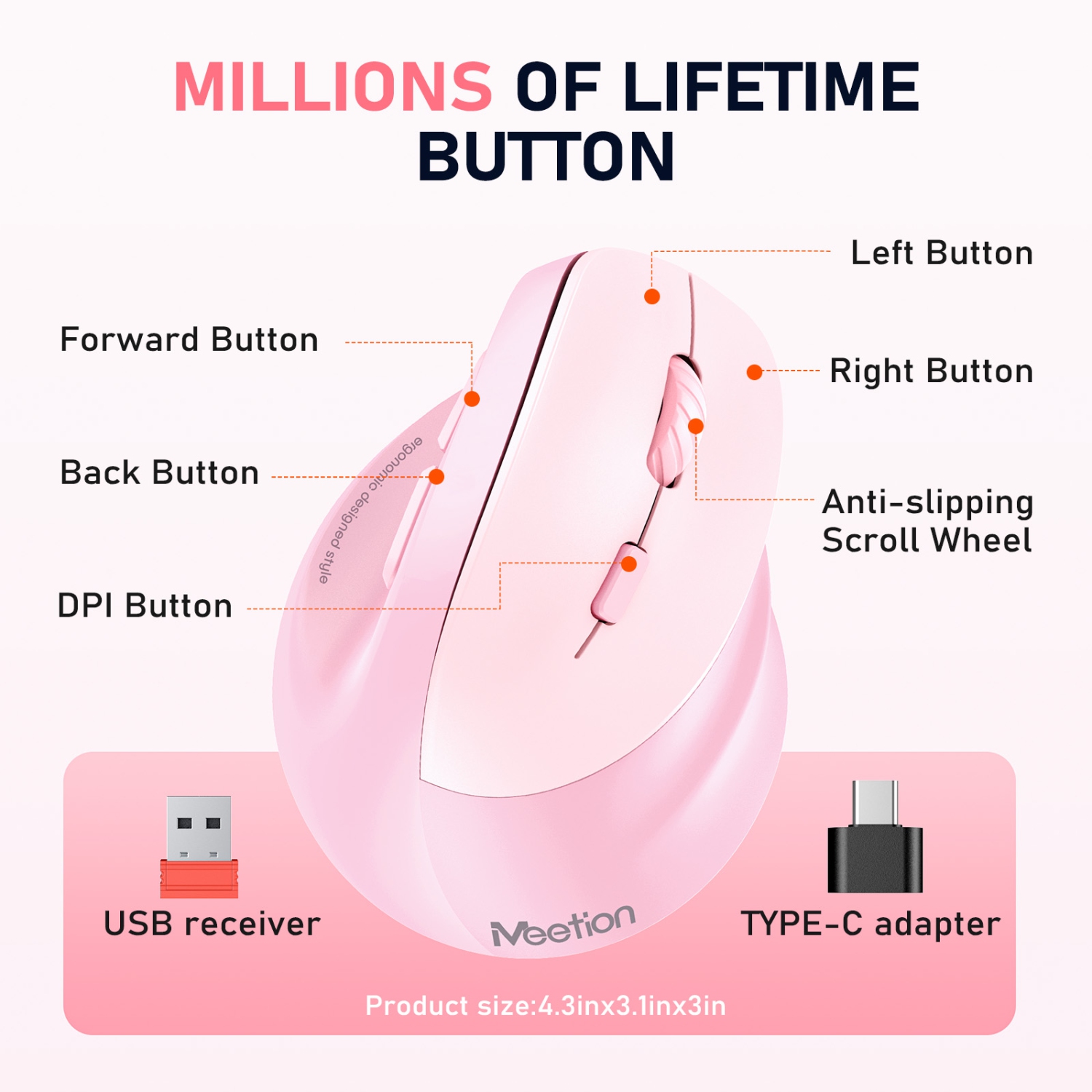 MEETION BTM010R Vertical Ergonomic Mouse - Natural Handshake Grip Relieves Wrist Pain, Wireless Bluetooth/2.4G Rechargeable with USB-C Adapter for