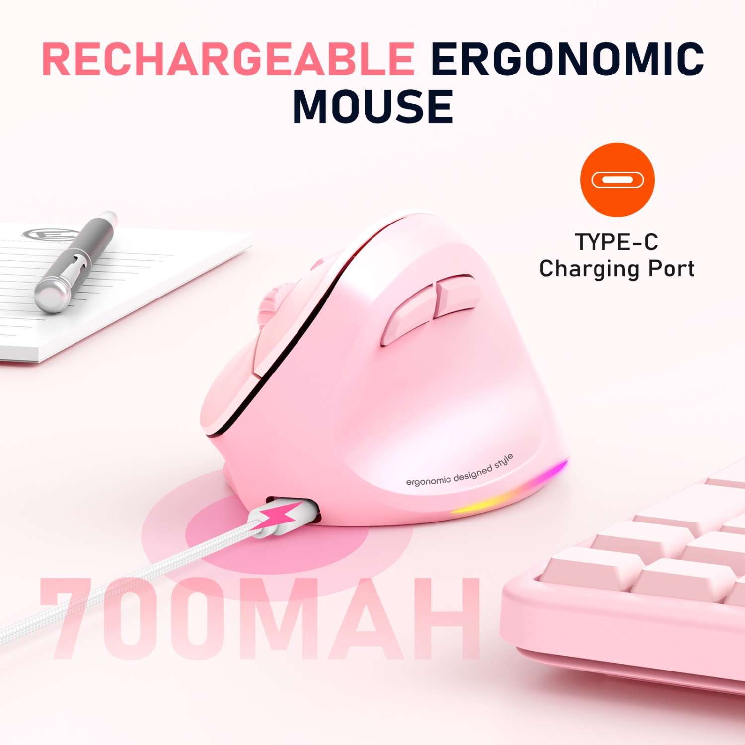 MEETION BTM010R Vertical Ergonomic Mouse - Natural Handshake Grip Relieves Wrist Pain, Wireless Bluetooth/2.4G Rechargeable with USB-C Adapter for