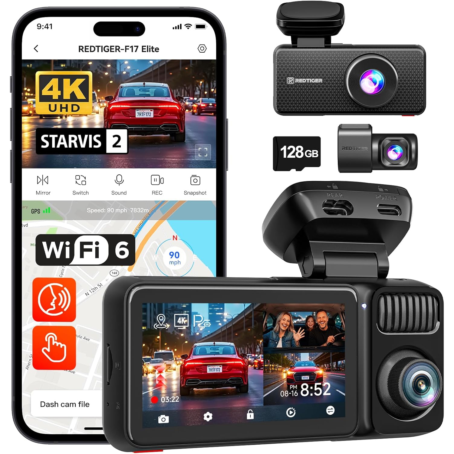 REDTIGER 4K 3 Channel Dash Cam, STARVIS 2 IMX678 & IMX675, 128GB Card, 4K+2.5K+1080P Front Rear and Inside, Touch Screen, Voice Control, 5GHz WiFi