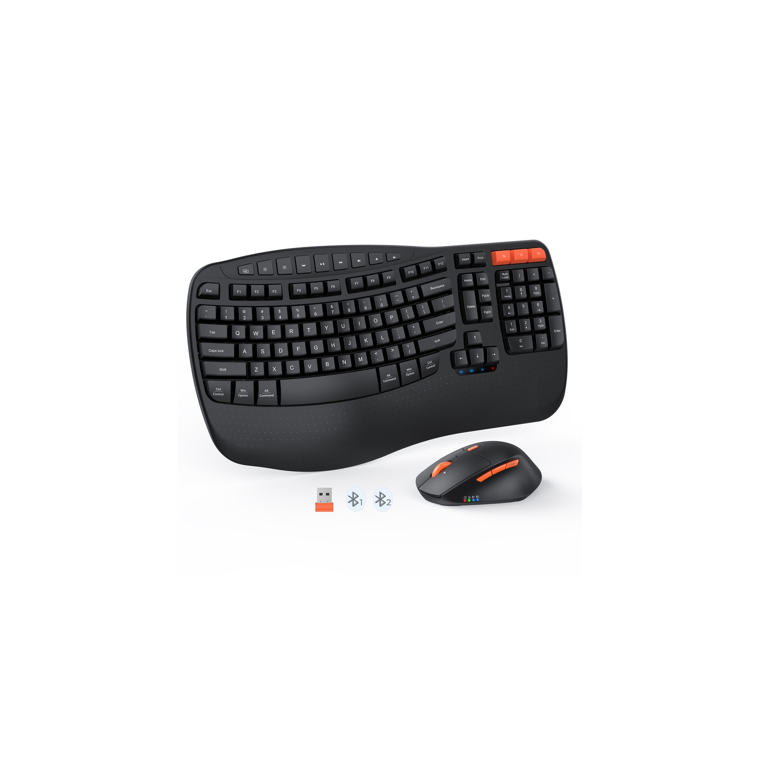 MEETION Director-D Wave Ergonomic Wireless Combo — Rechargeable, Multi-Device Bluetooth & USB, Orange Shortcut Keys, for Windows/Mac/Android