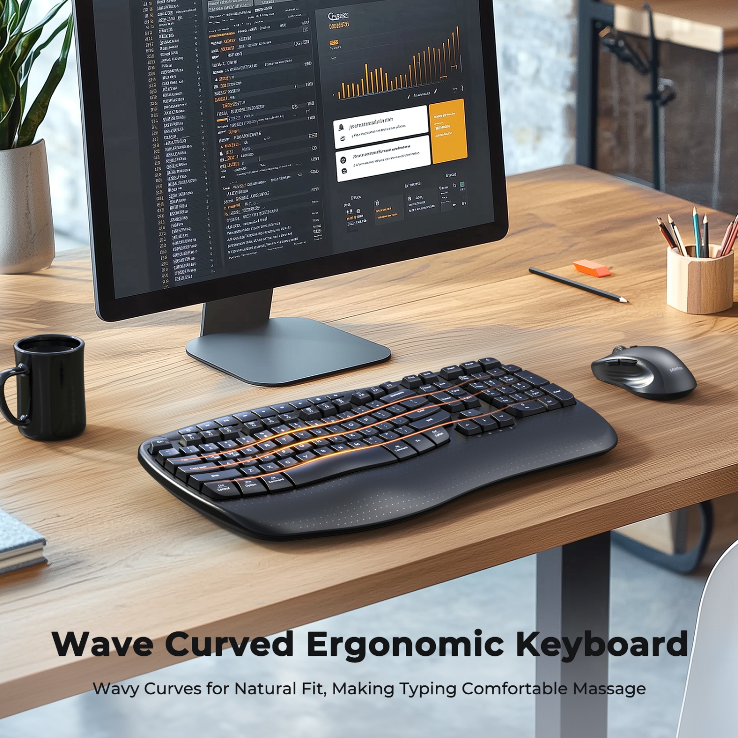 MEETION Director-D2 Ergonomic Wireless Keyboard and Mouse Combo — Wave Keys, Built‑in Wrist Rest, 2.4GHz, for Windows/Mac