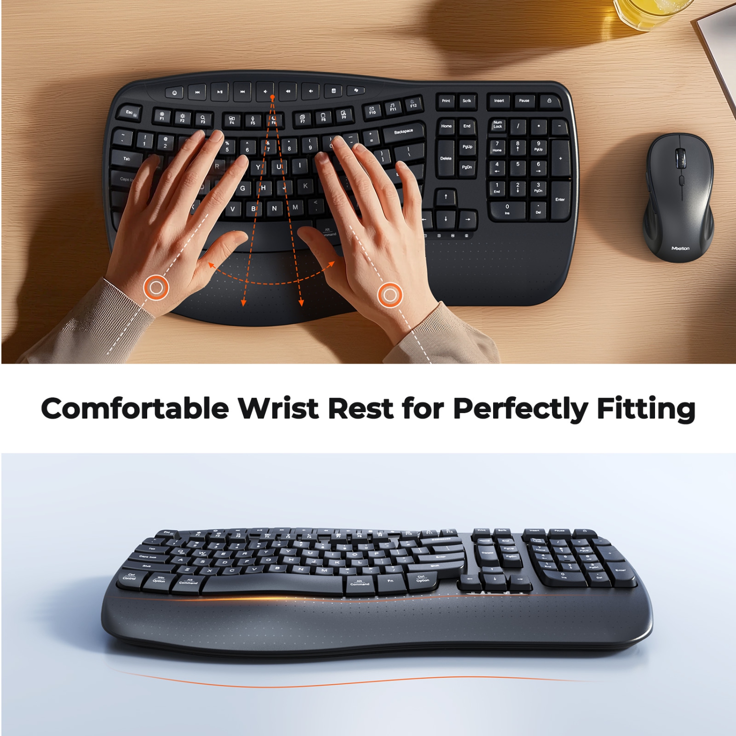 MEETION Director-D2 Ergonomic Wireless Keyboard and Mouse Combo — Wave Keys, Built‑in Wrist Rest, 2.4GHz, for Windows/Mac