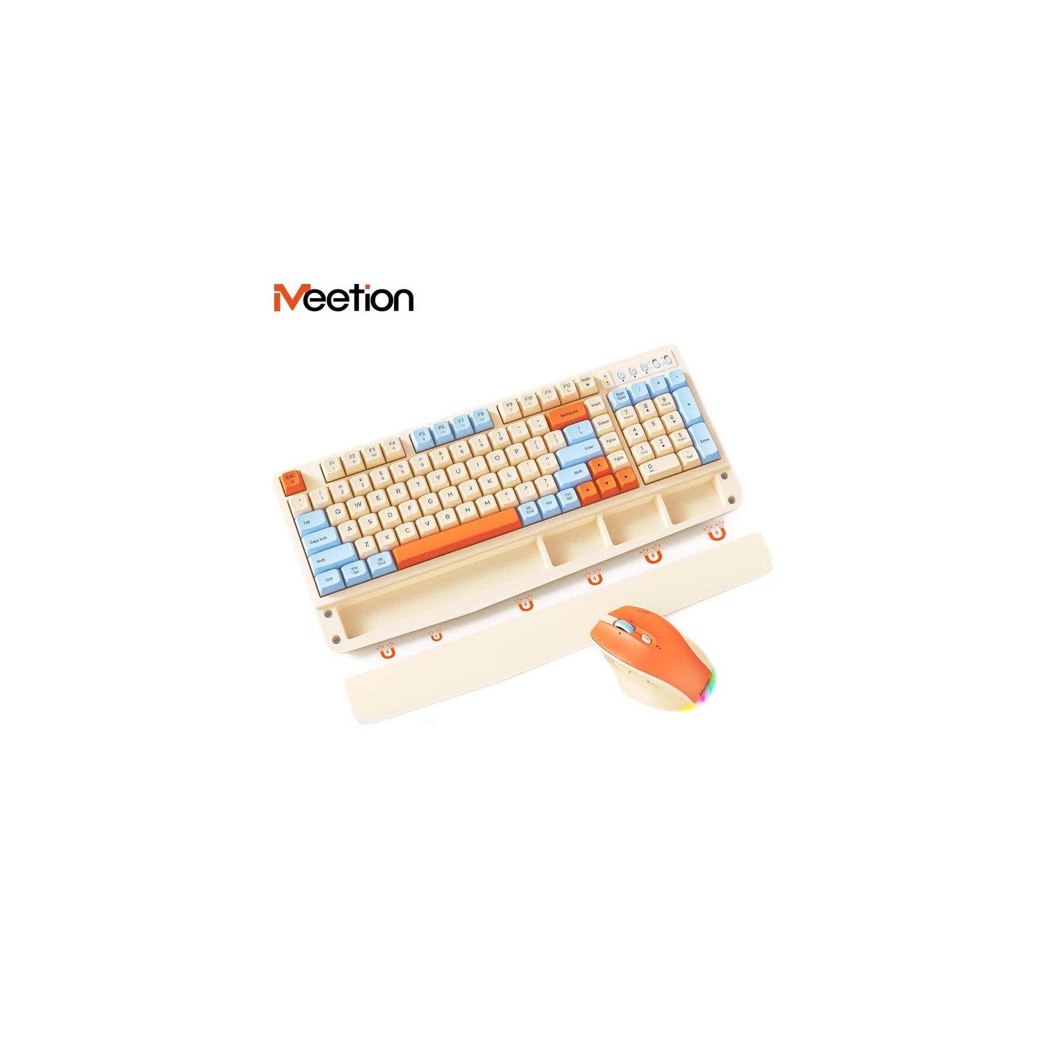 MEETION Colorful Wireless Keyboard and Mouse — Retro Keycaps, Detachable Wrist Rest, Multi-Device Bluetooth 5.2 & 2.4GHz, Rechargeable, for