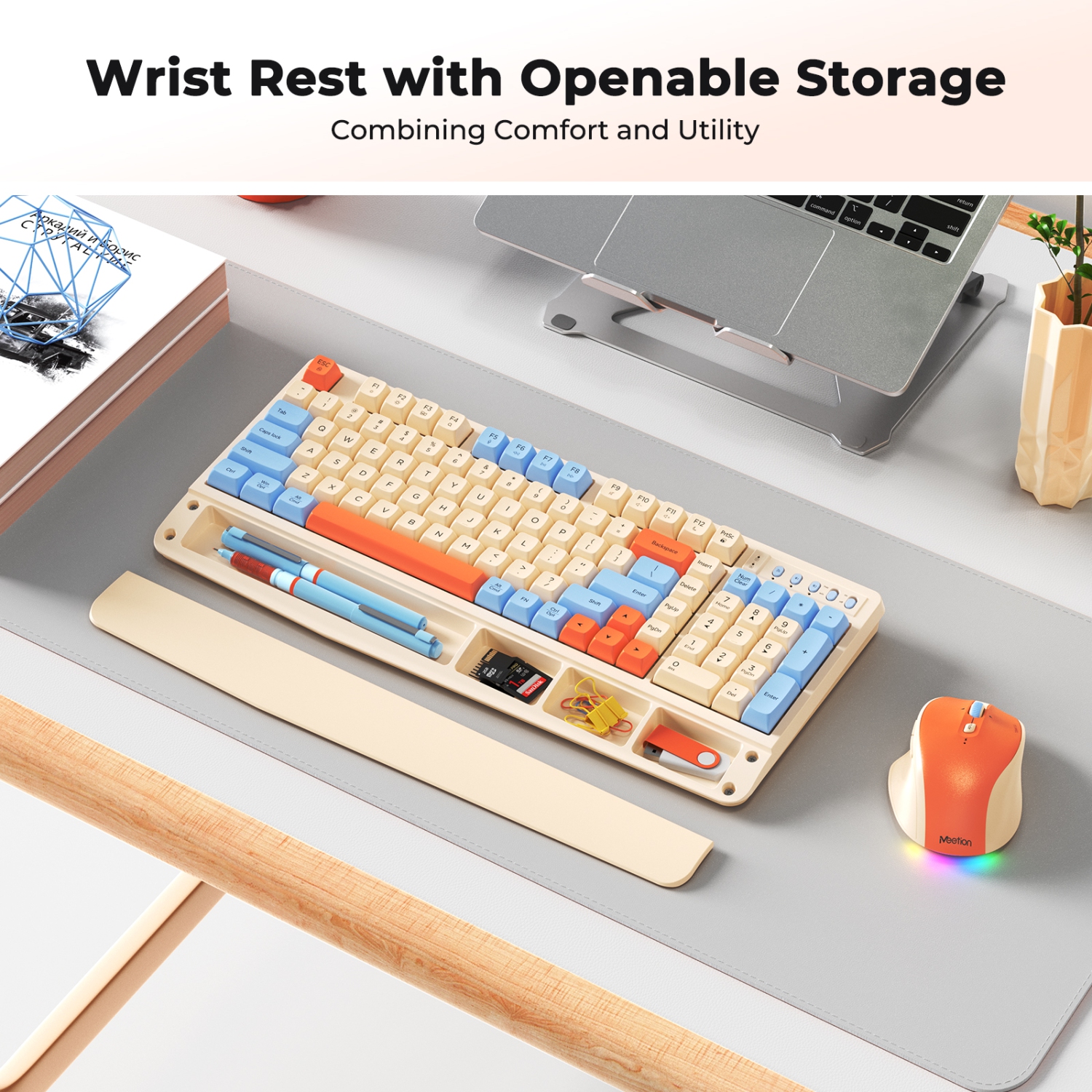 MEETION Colorful Wireless Keyboard and Mouse — Retro Keycaps, Detachable Wrist Rest, Multi-Device Bluetooth 5.2 & 2.4GHz, Rechargeable, for