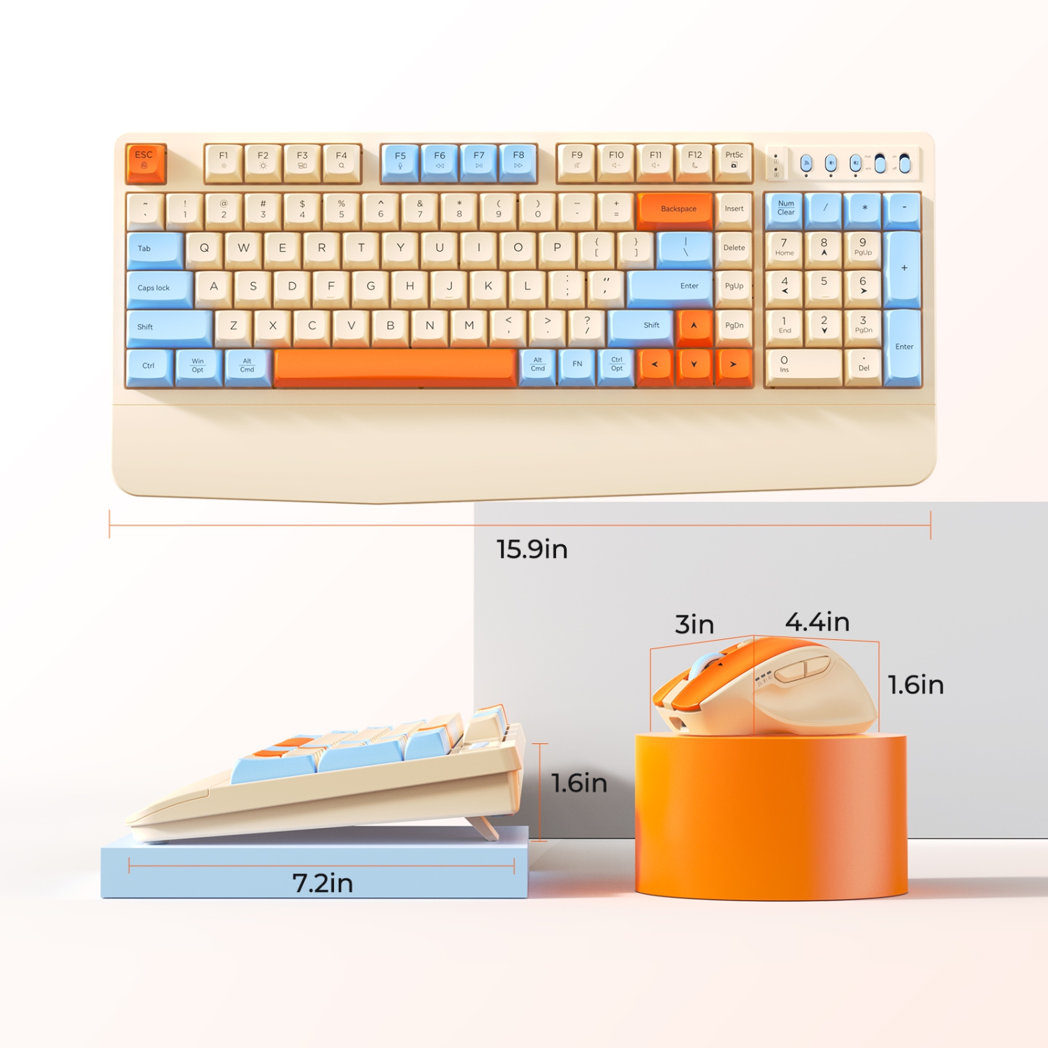 MEETION Colorful Wireless Keyboard and Mouse — Retro Keycaps, Detachable Wrist Rest, Multi-Device Bluetooth 5.2 & 2.4GHz, Rechargeable, for